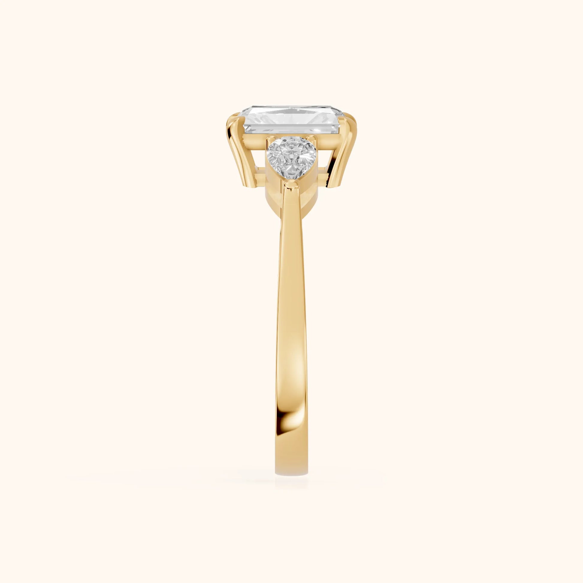 Grace Three Stone Radiant Diamond Engagement Ring in Yellow Gold - SideView