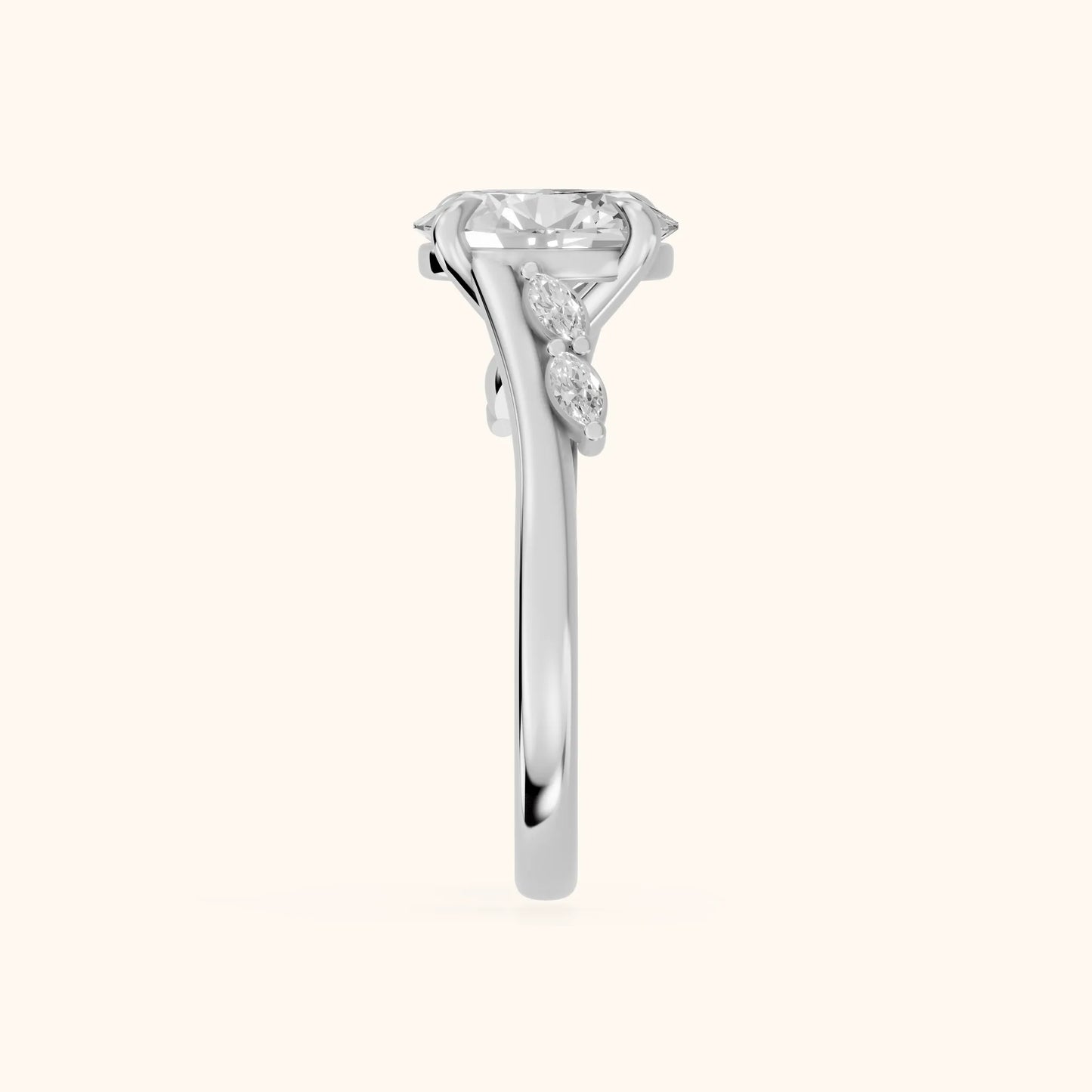 Flora Twist Side Stone Oval Diamond Engagement Ring in White Gold - SideView