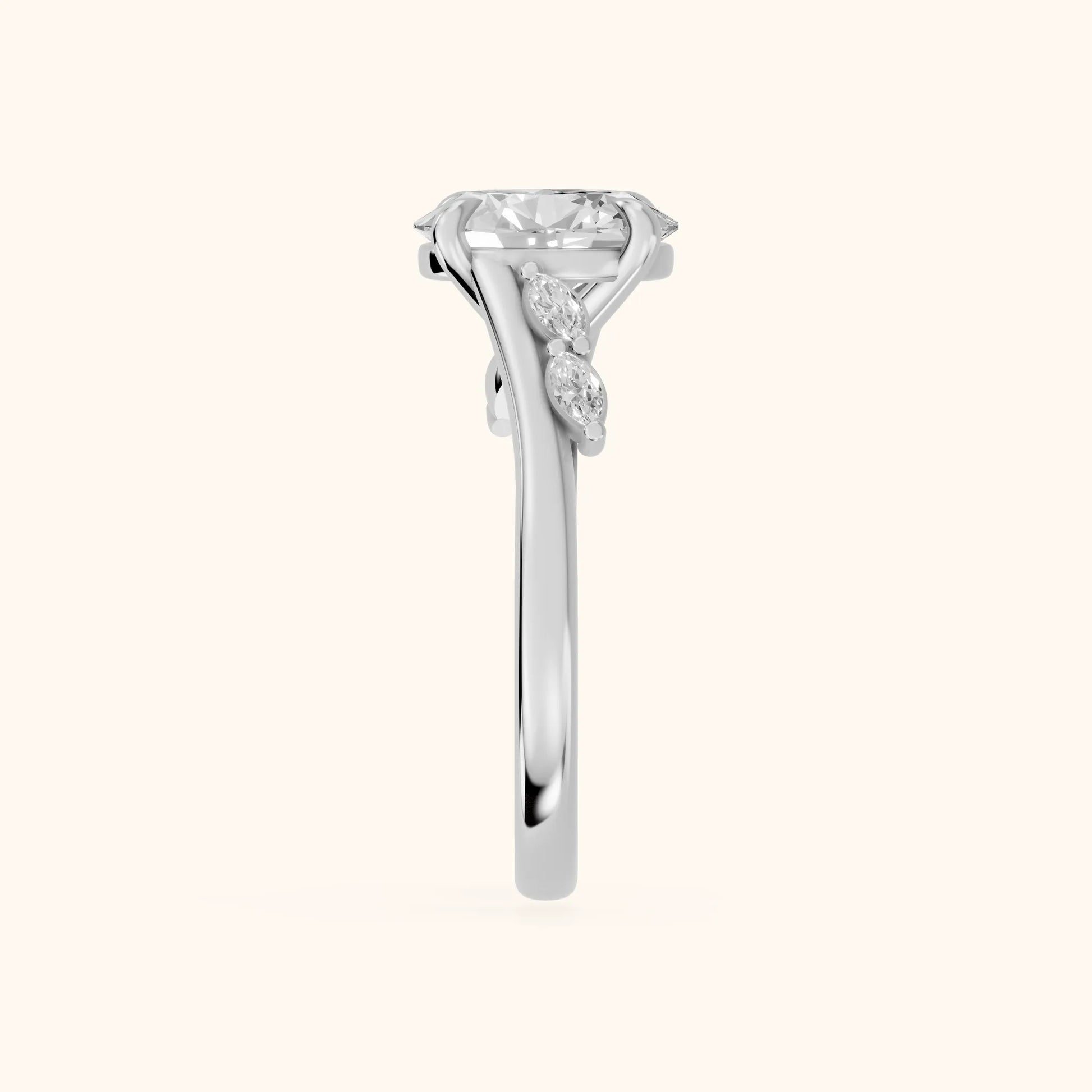 Flora Twist Side Stone Oval Diamond Engagement Ring in White Gold - SideView