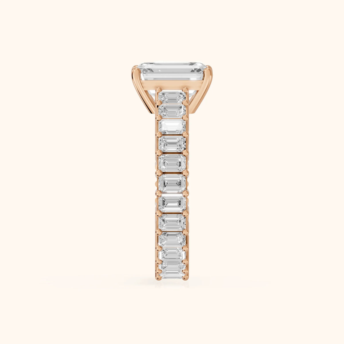 Mallory Shared Prong Emerald Diamond Engagement Ring in Rose Gold - SideView.webp