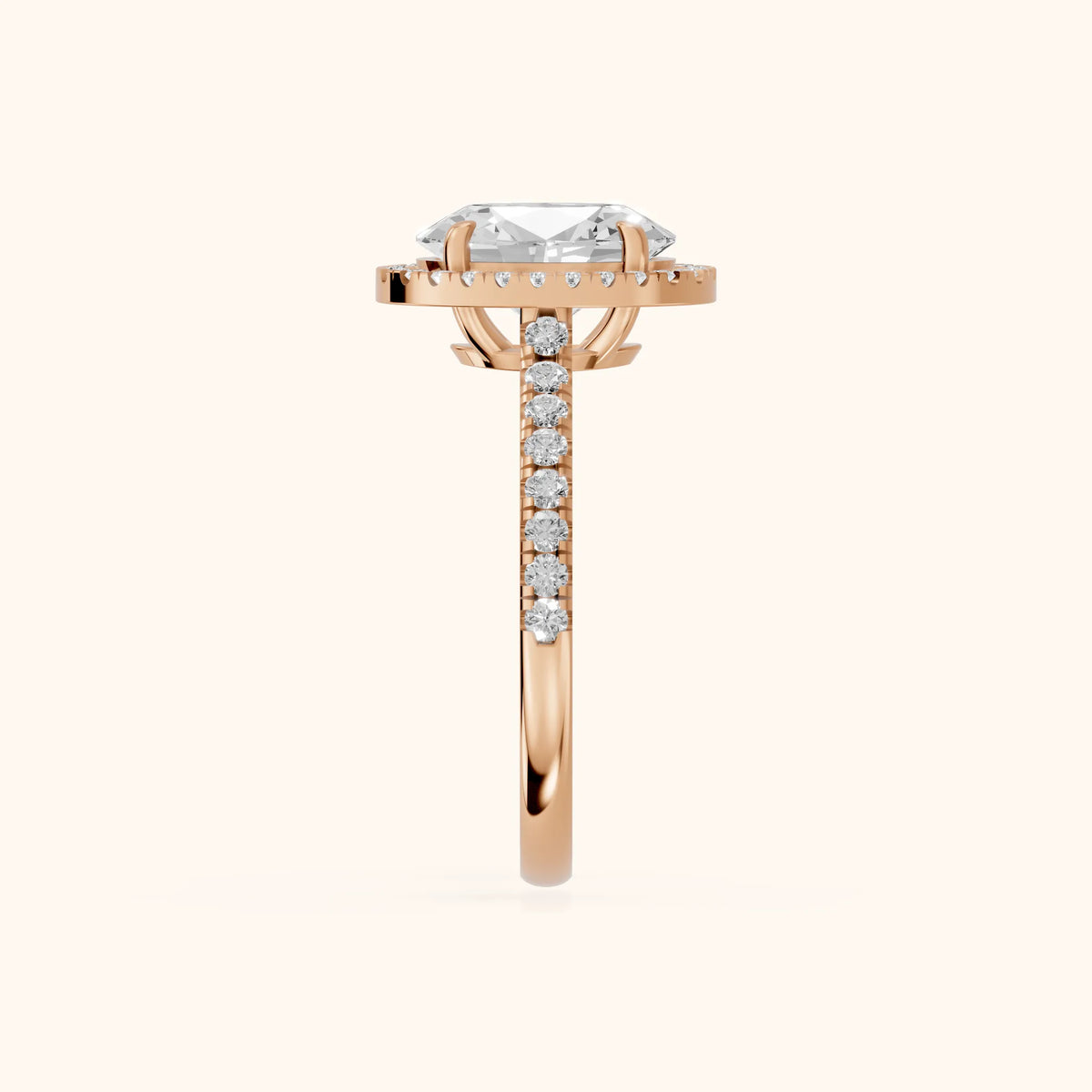 Mabel Halo French Pavé Oval Diamond Engagement Ring in Rose Gold - SideView.webp