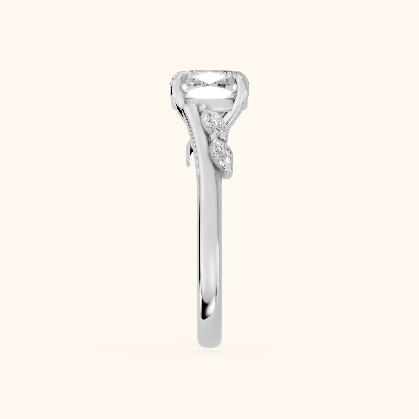 Flora Twist Side Stone Cushion Diamond Engagement Ring in Platinum - SideView