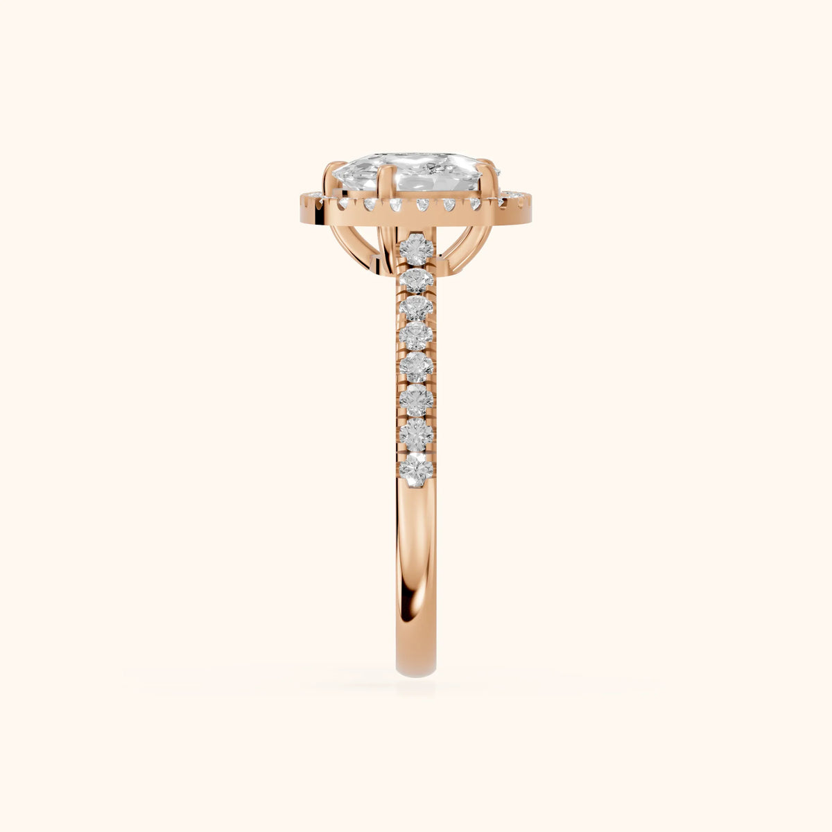 Mabel Halo French Pavé Cushion Diamond Engagement Ring in Rose Gold - SideView.webp