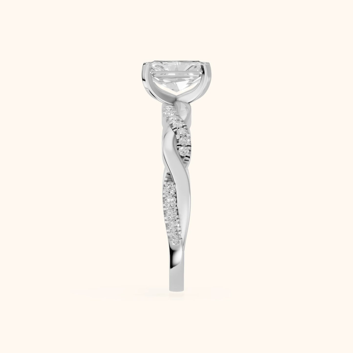 Twisted Side Stone Radiant Diamond Engagement Ring in Silver - SideView