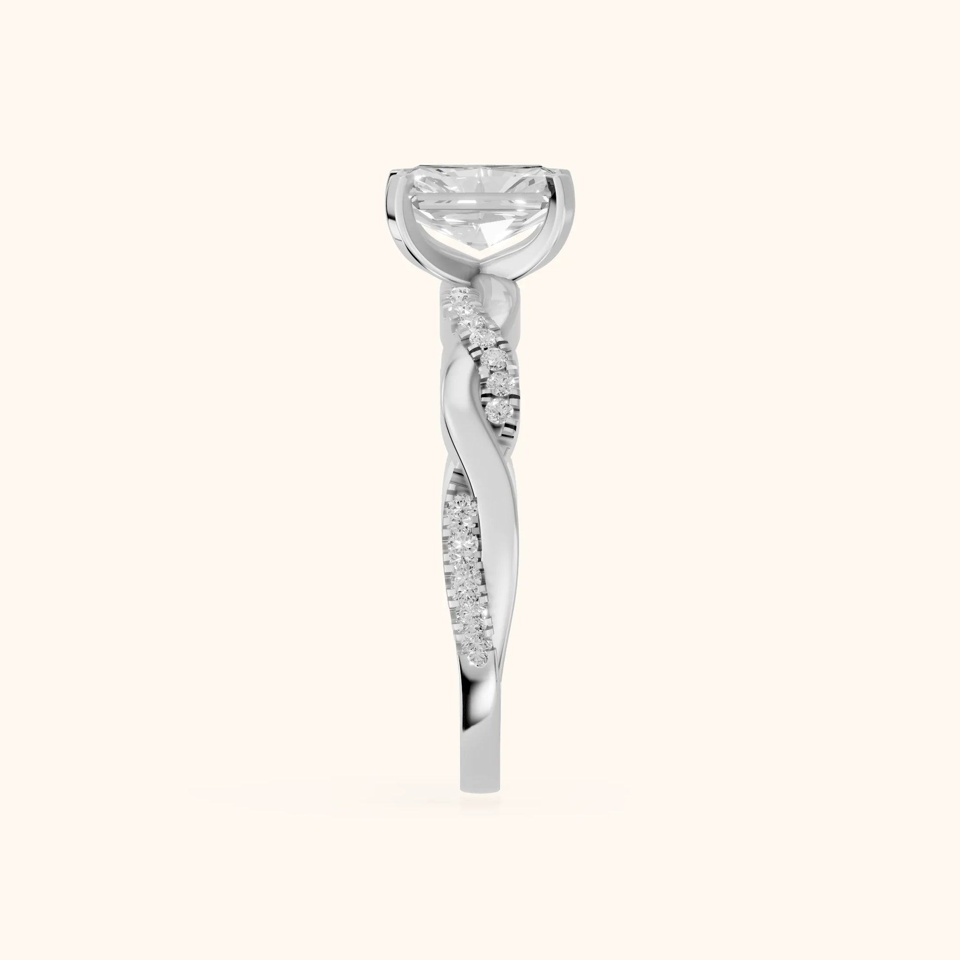 Twisted Side Stone Radiant Diamond Engagement Ring in Silver - SideView
