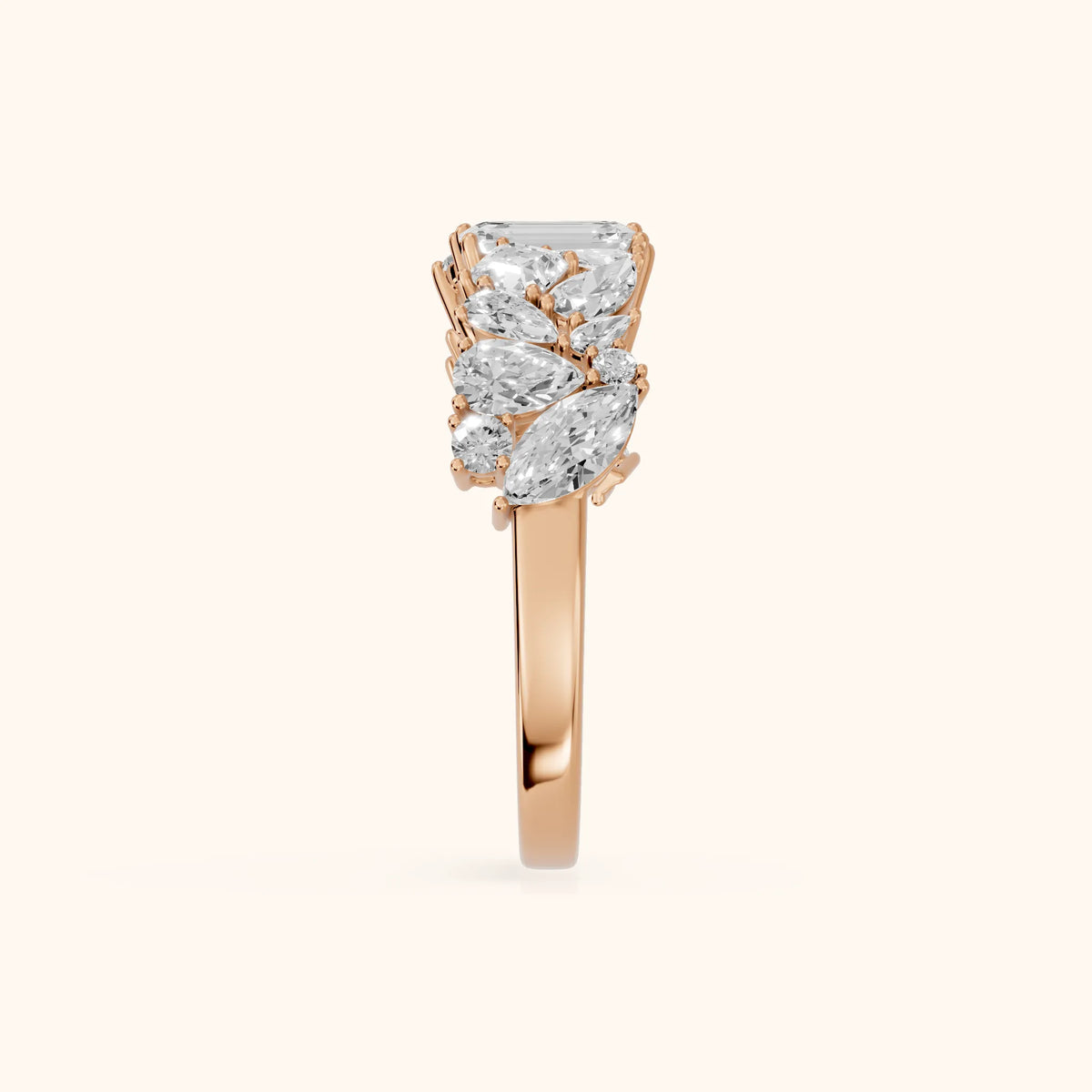 Isha Cluster Emerald & Pear Diamond Anniversary Ring in Rose Gold - SideView