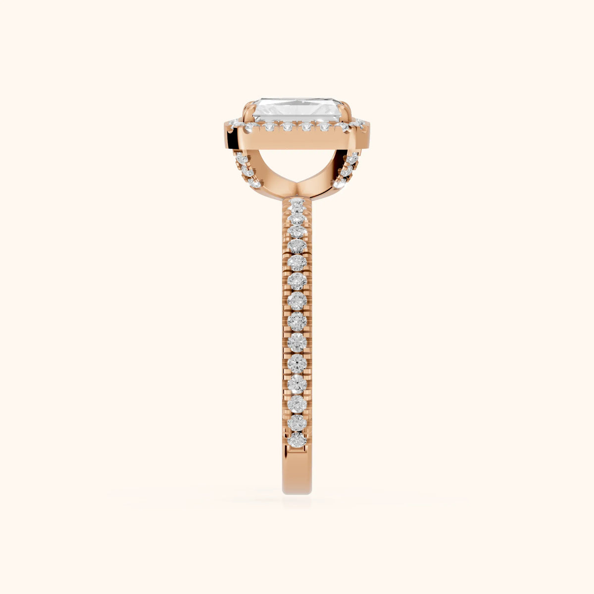 Rosemary Halo Pavé Radiant Diamond Engagement Ring in Rose Gold - SideView.webp