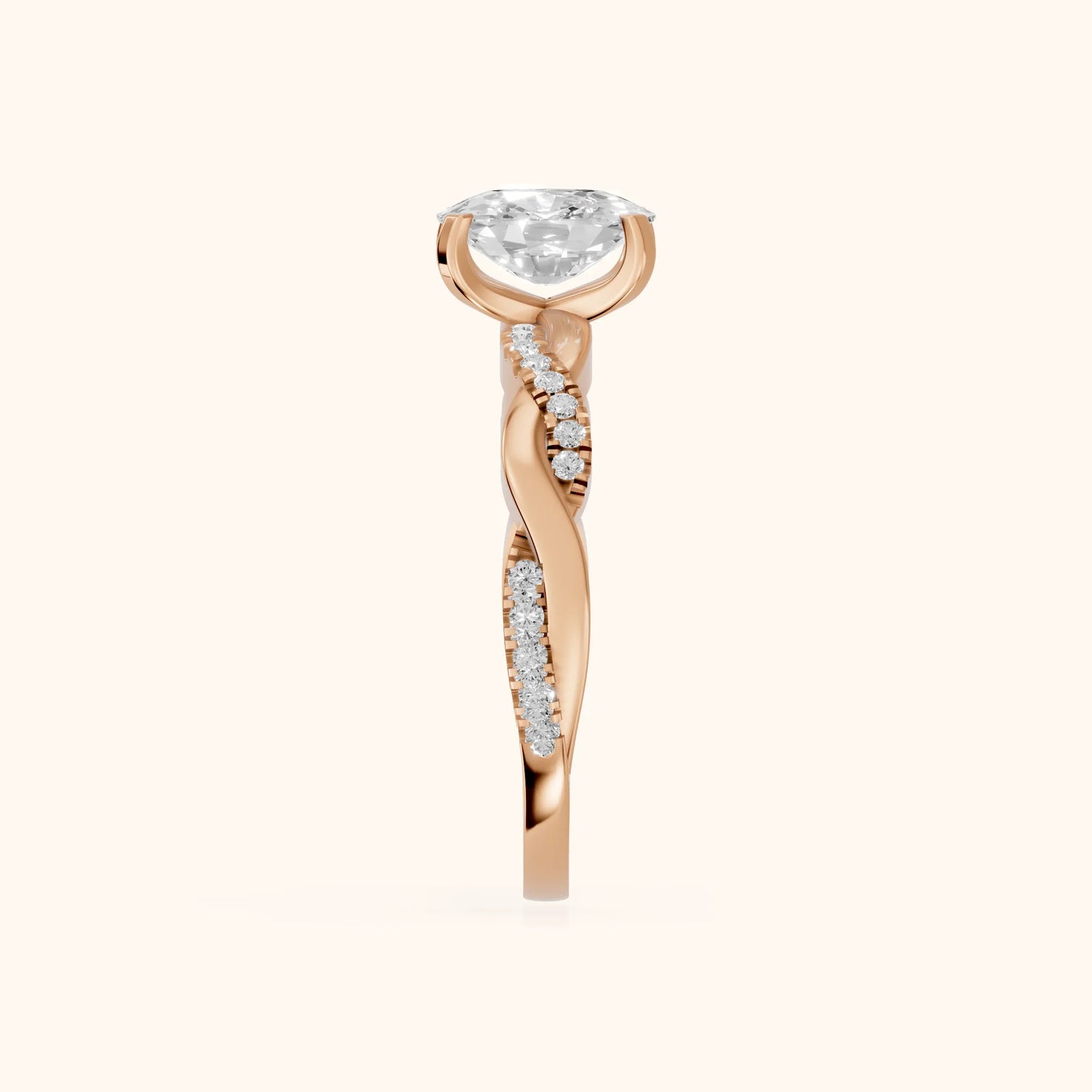 Twisted Side Stone Cushion Diamond Engagement Ring in Rose Gold - SideView