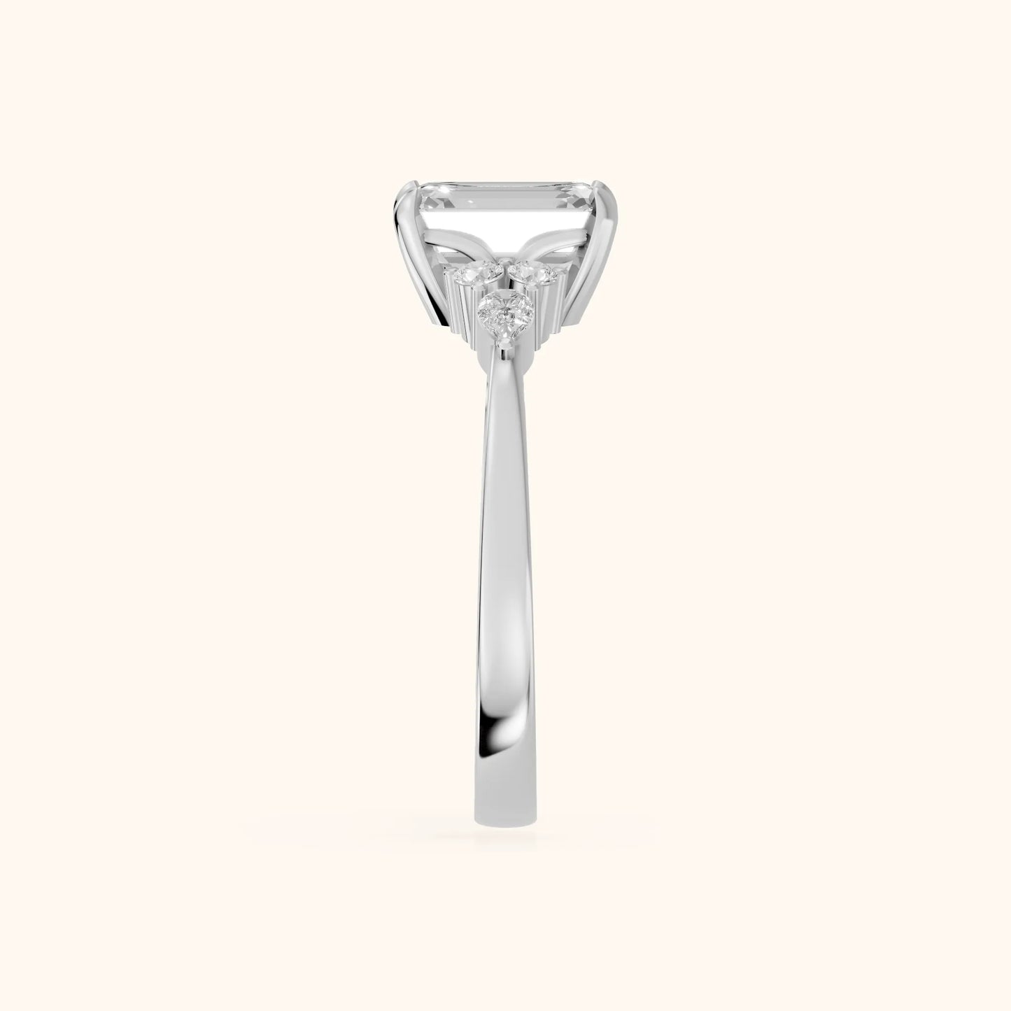Amelia Three Stone Emerald Diamond Engagement Ring in White Gold - SideView