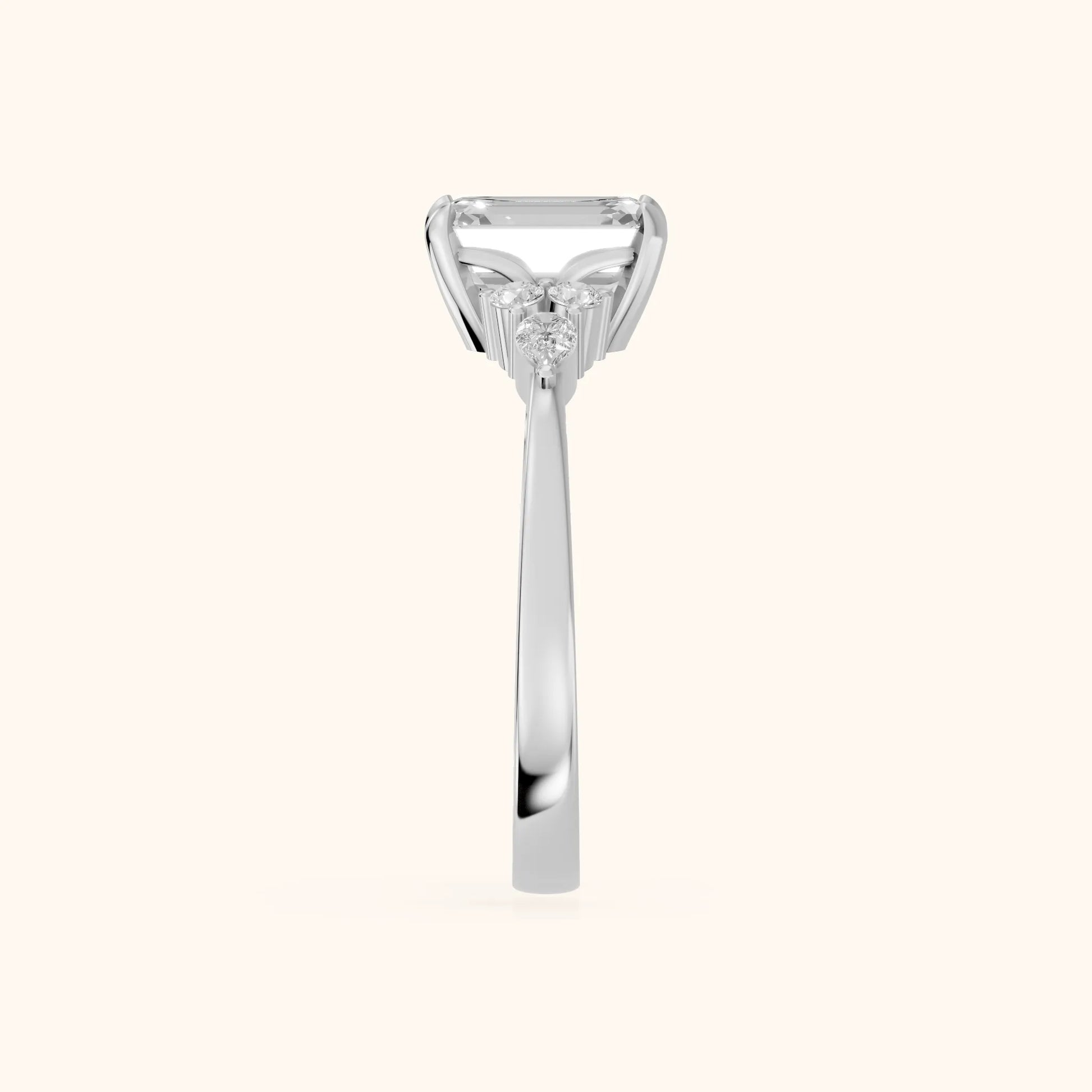 Amelia Three Stone Emerald Diamond Engagement Ring in White Gold - SideView