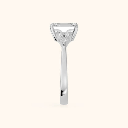 Amelia Three Stone Emerald Diamond Engagement Ring in White Gold - SideView
