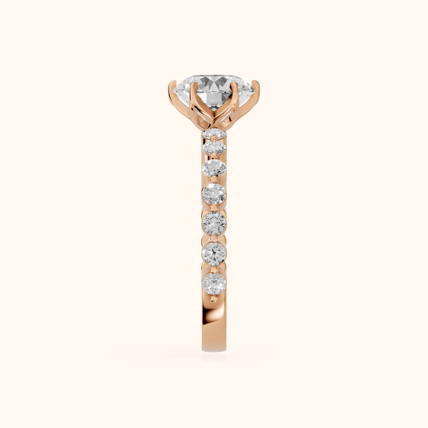 Eleanor Majesty Side Stone Round Diamond Engagement Ring in Rose Gold - SideView