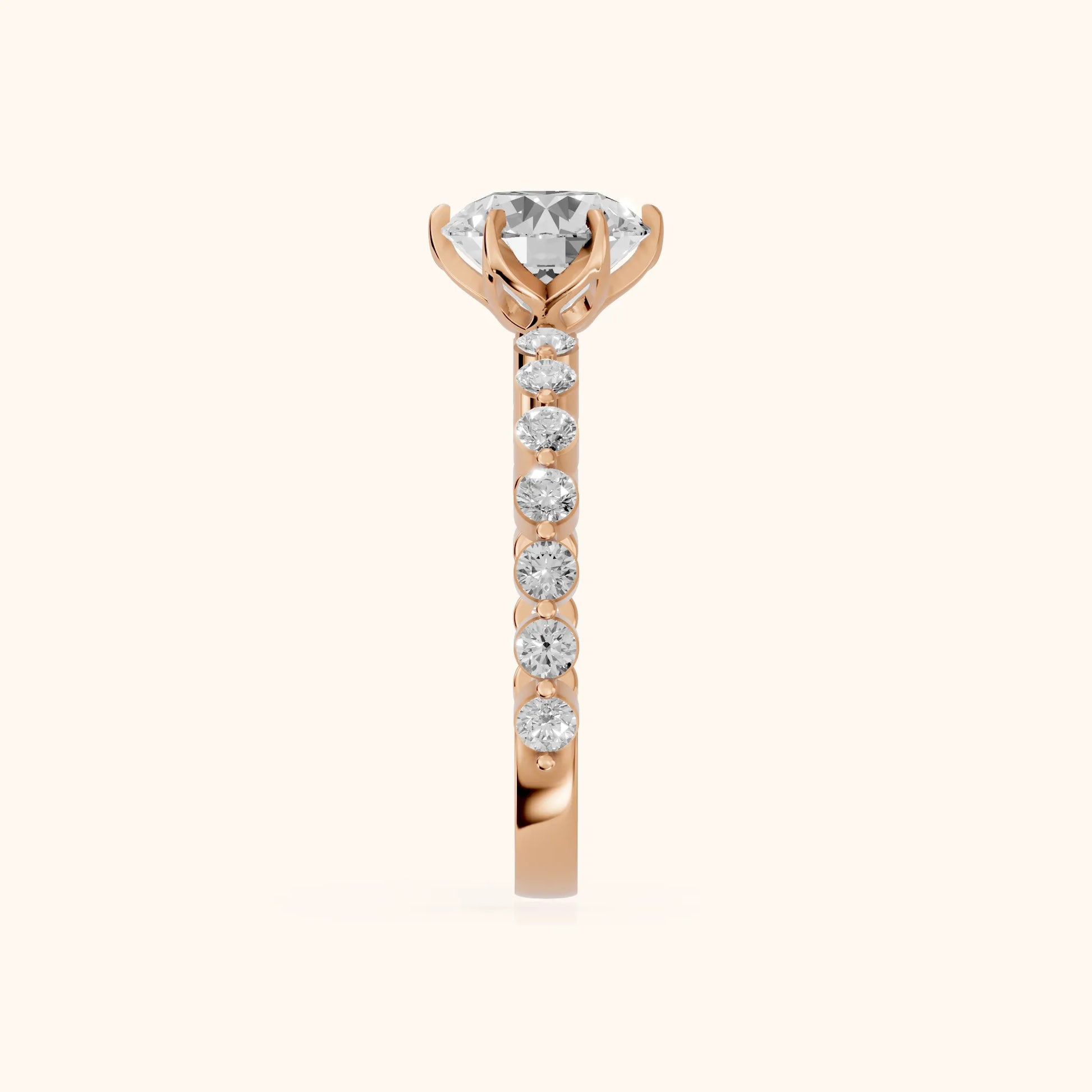 Eleanor Majesty Side Stone Round Diamond Engagement Ring in Rose Gold - SideView