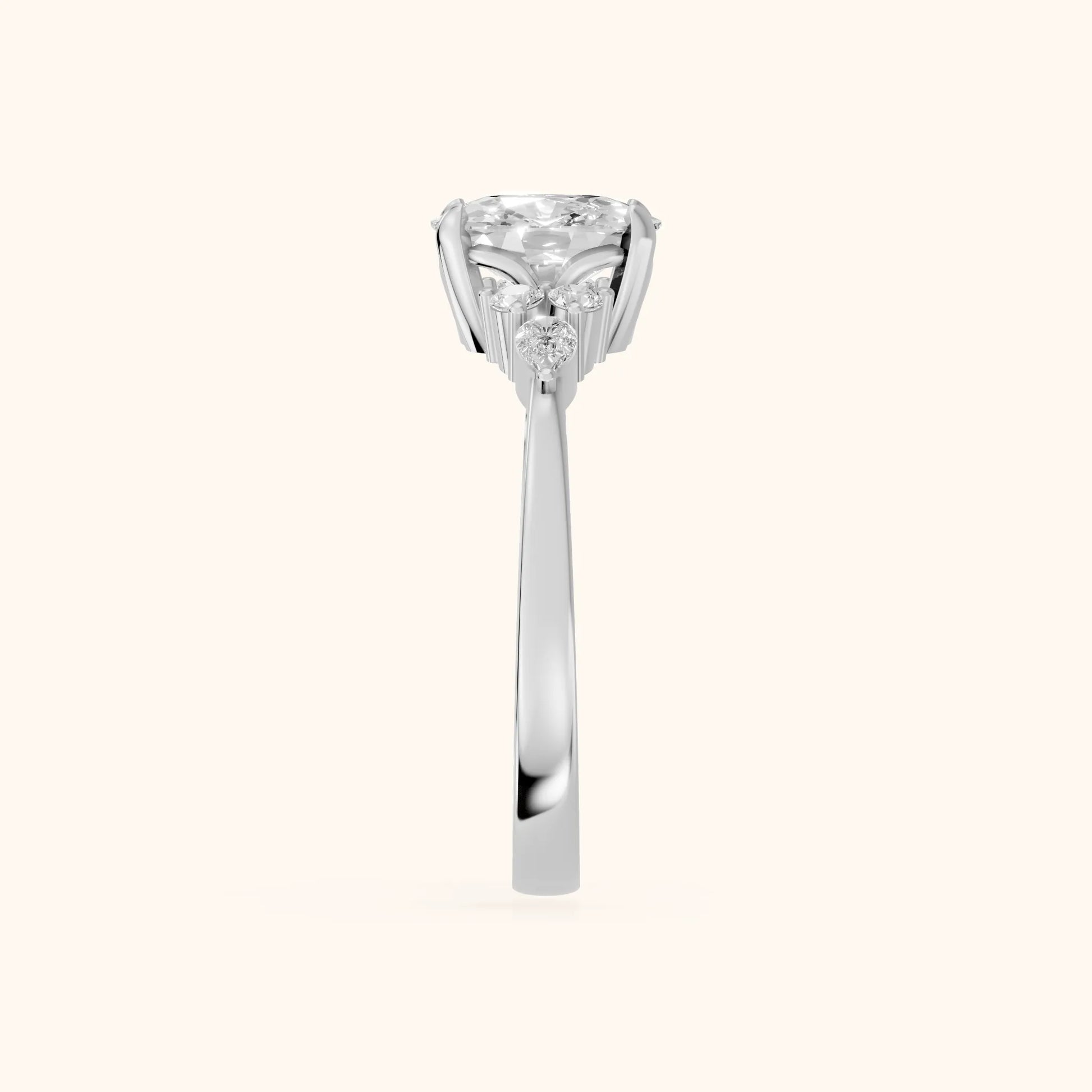 Amelia Three Stone Cushion Diamond Engagement Ring in Platinum - SideView
