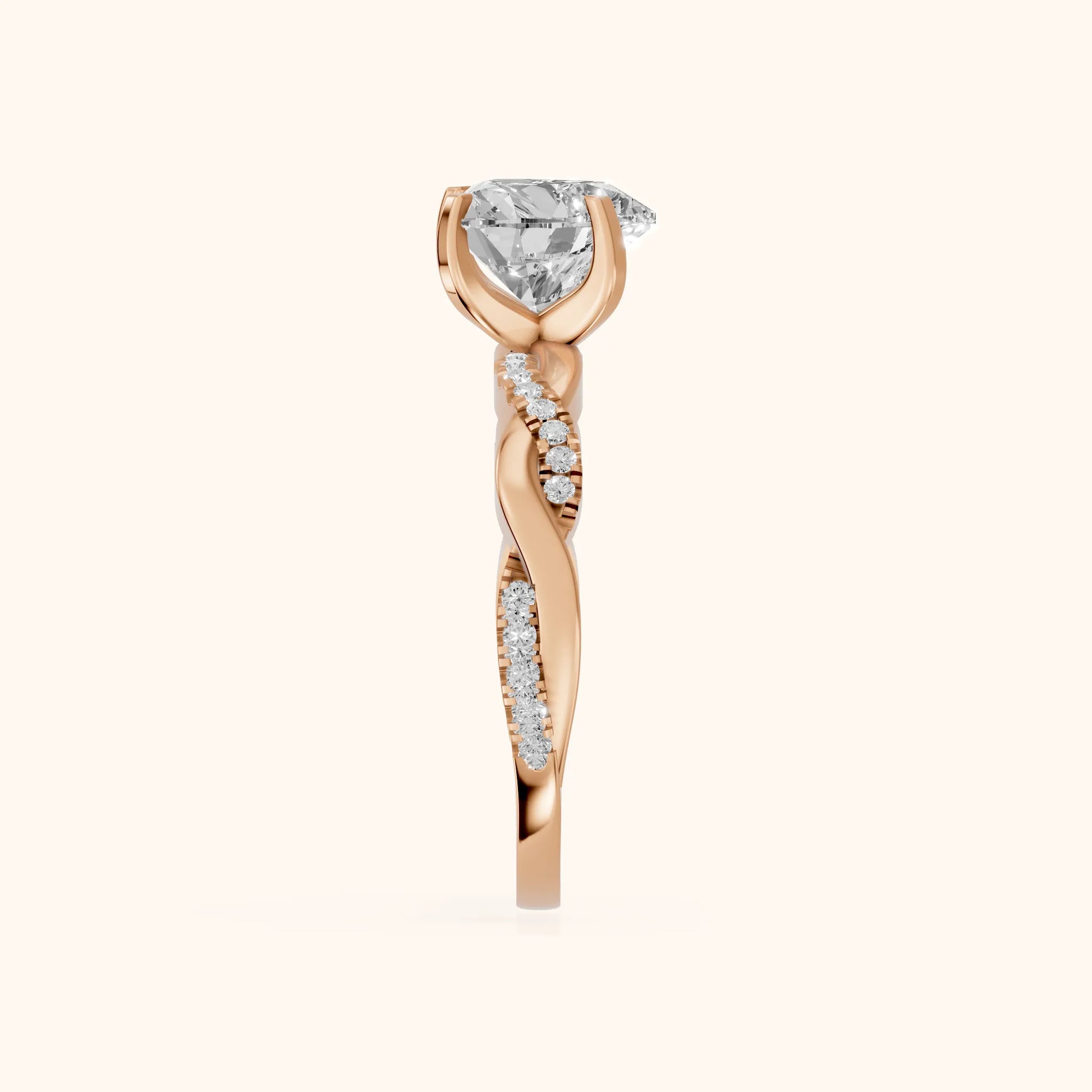 Twisted Side Stone Heart Diamond Engagement Ring in Rose Gold - SideView