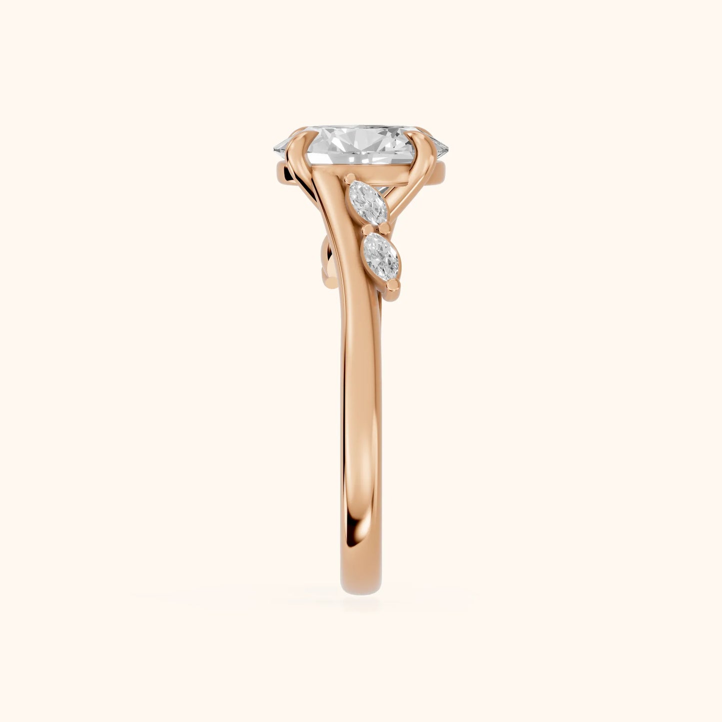 Flora Twist Side Stone Oval Diamond Engagement Ring in Rose Gold - SideView