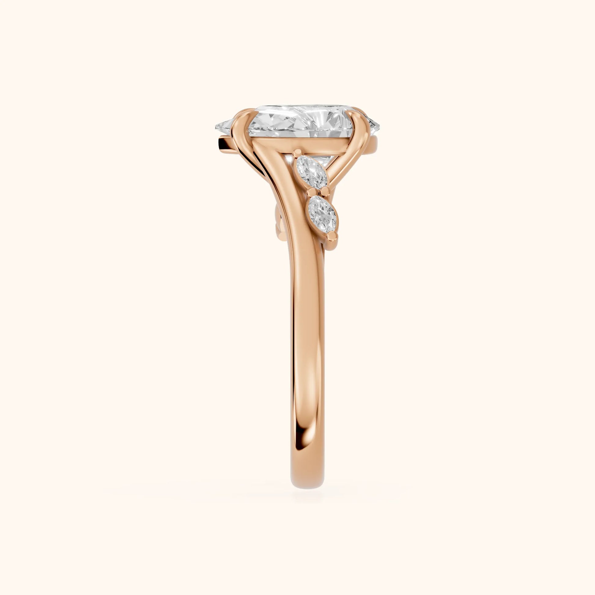 Flora Twist Side Stone Pear Diamond Engagement Ring in Rose Gold - SideView