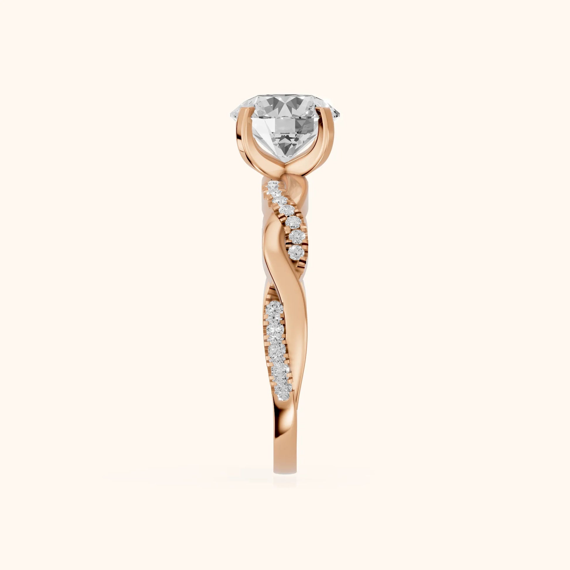 Twisted Side Stone Round Diamond Engagement Ring in Rose Gold - SideView