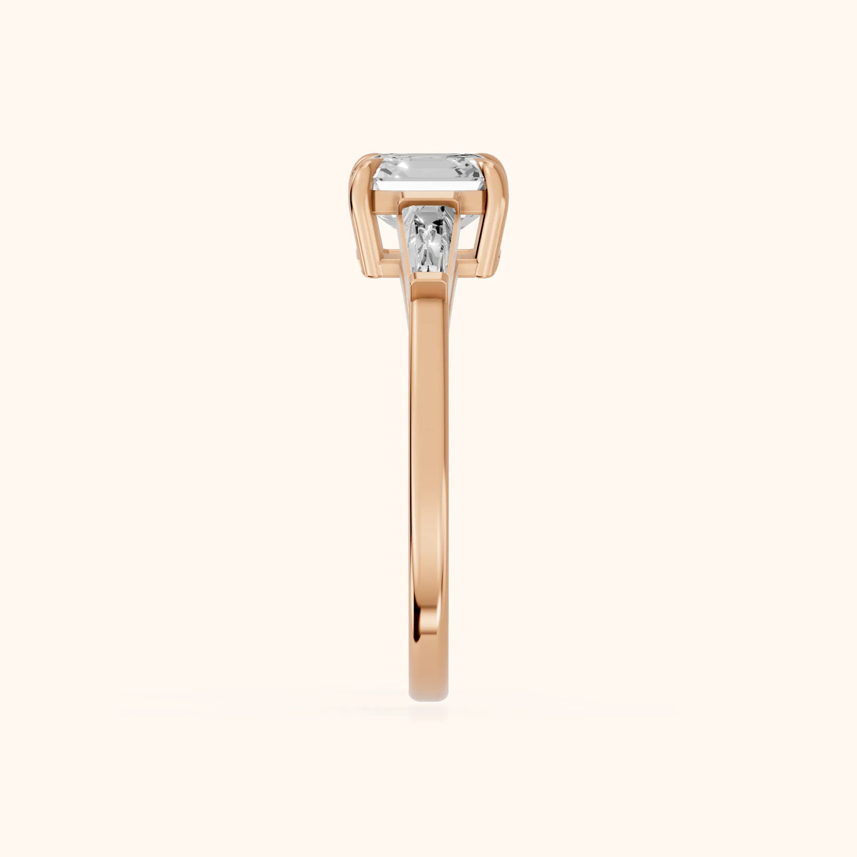 Winnie Three-Stone Asscher Diamond Engagement Ring in Rose Gold - SideView.webp
