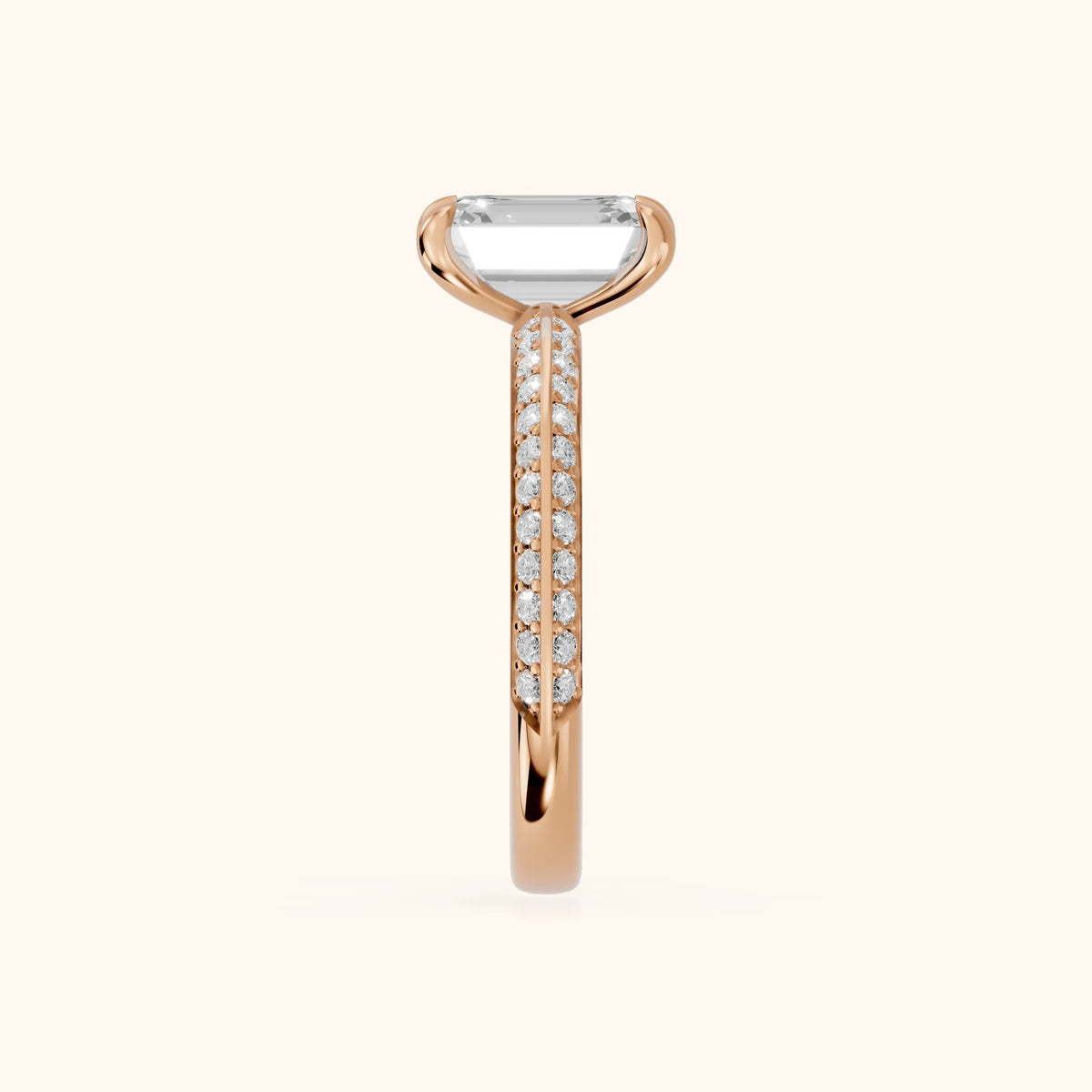Meredith Knife Edge Pavé Emerald Diamond Engagement Ring in Rose Gold - SideView.webp