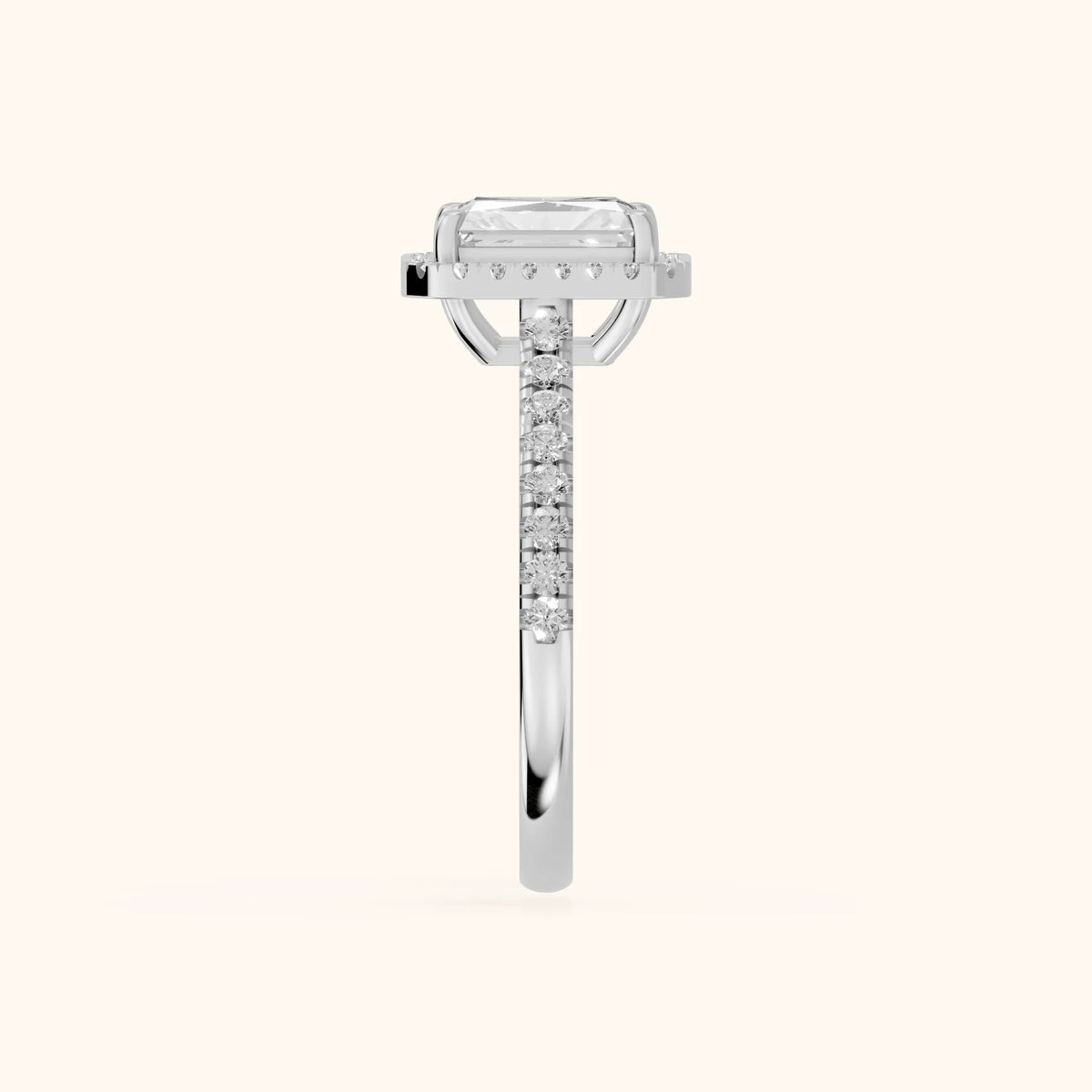 Mabel Halo French Pavé Radiant Diamond Engagement Ring in White Gold - SideView.webp
