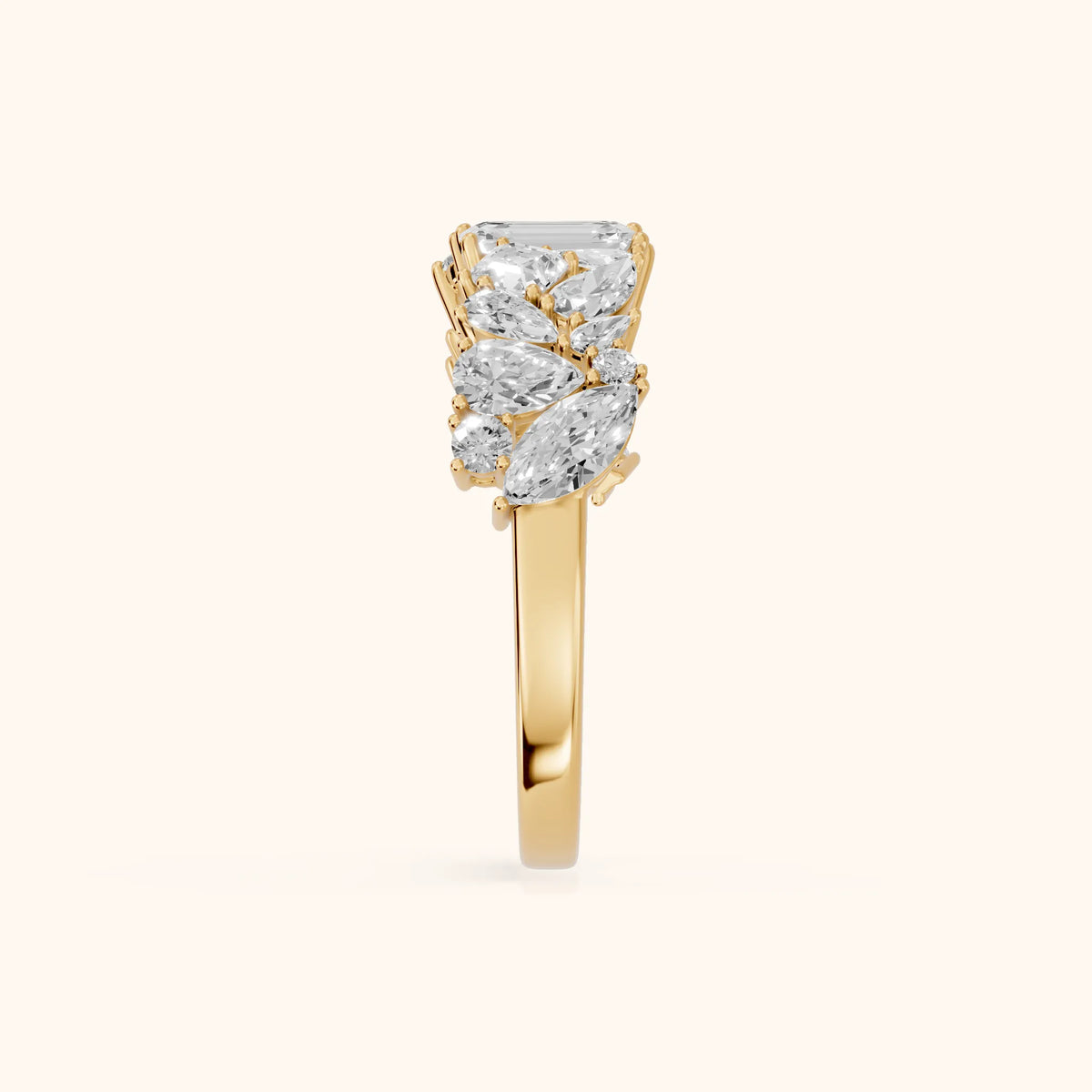 Isha Cluster Emerald & Pear Diamond Anniversary Ring in Yellow Gold - SideView