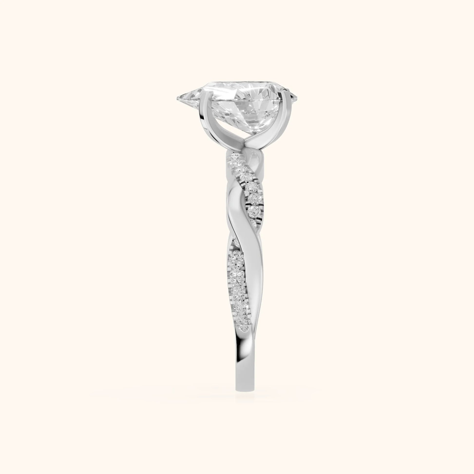 Twisted Side Stone Pear Diamond Engagement Ring in Silver - SideView