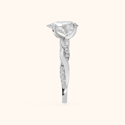 Twisted Side Stone Pear Diamond Engagement Ring in Silver - SideView