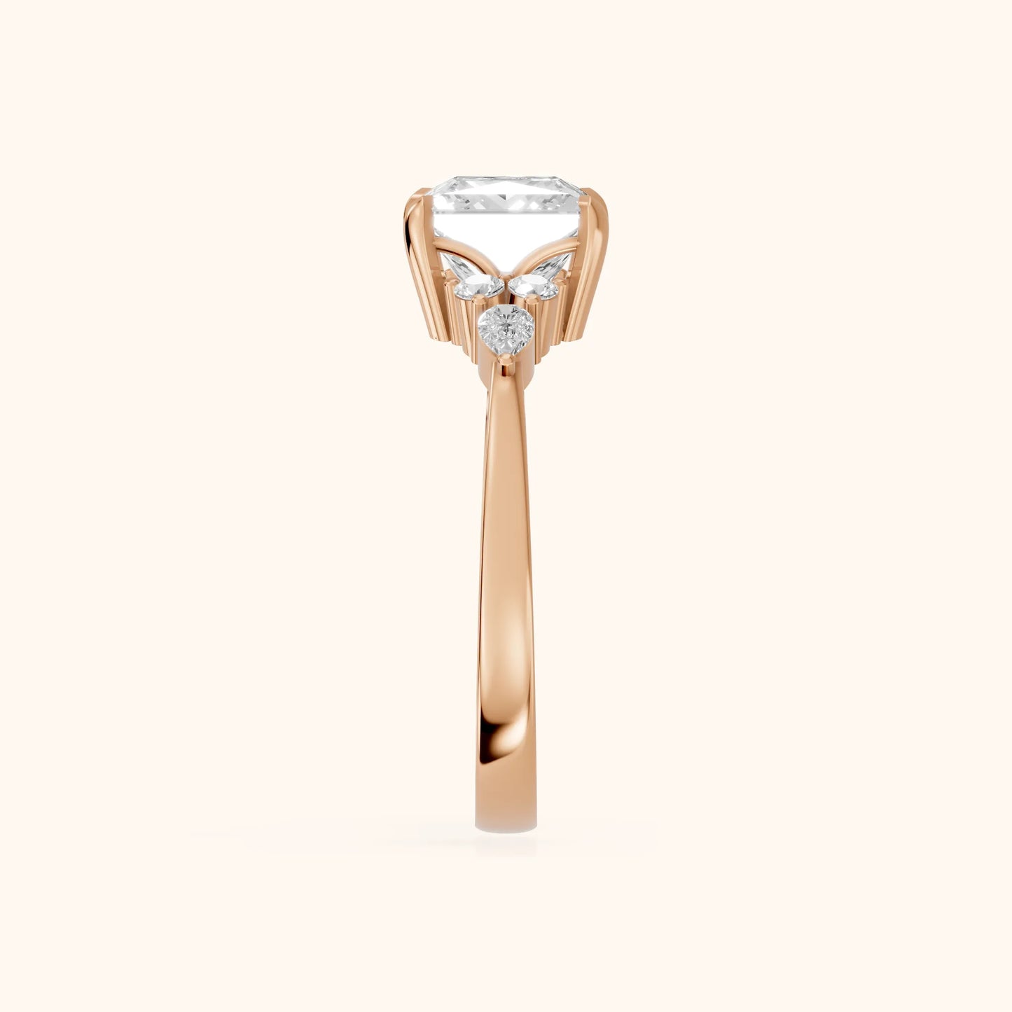 Amelia Three Stone Princess Diamond Engagement Ring in Rose Gold - SideView