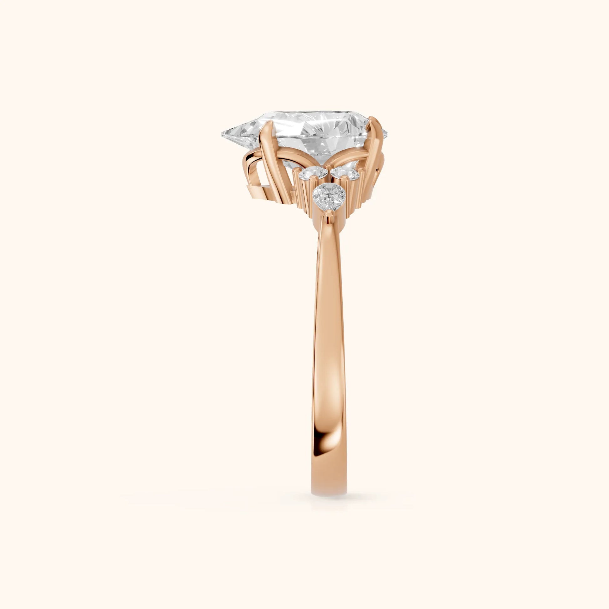 Amelia Three Stone Pear Diamond Engagement Ring in Rose Gold - SideView
