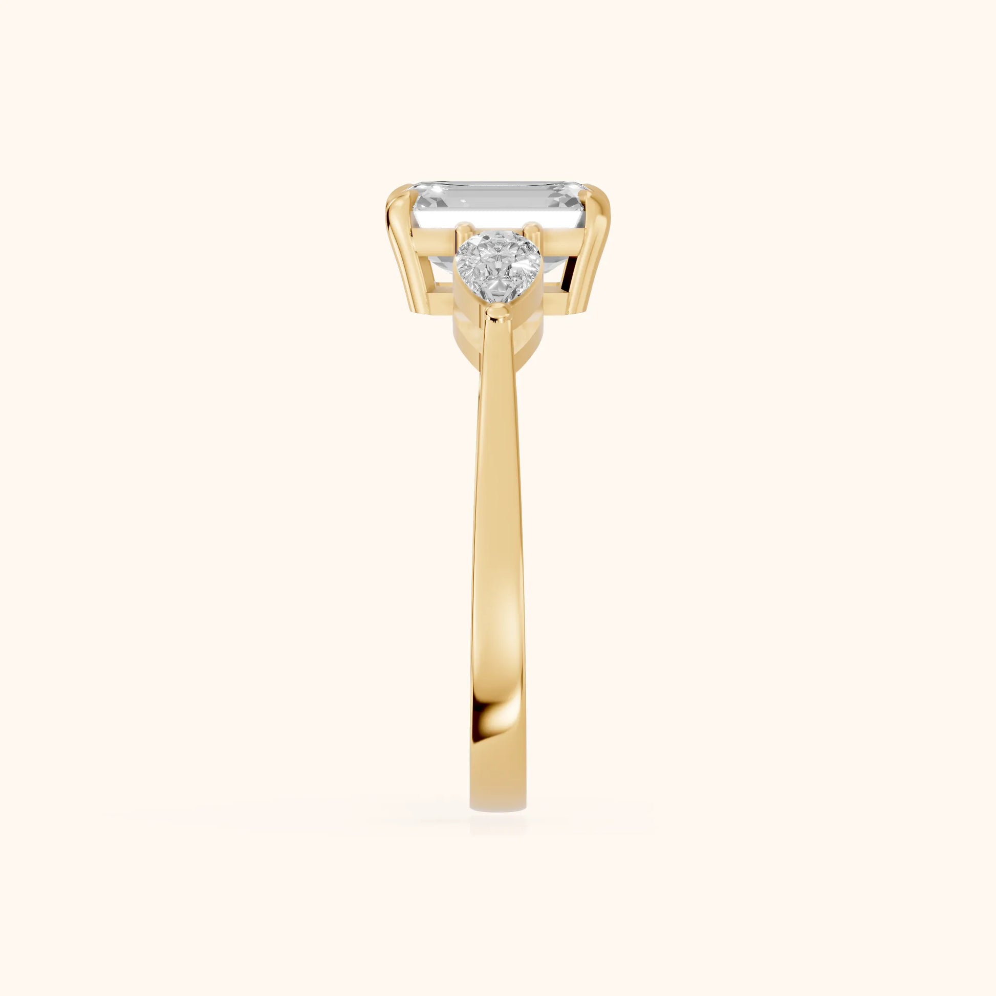 Grace Three Stone Emerald Diamond Engagement Ring in Yellow Gold - SideView