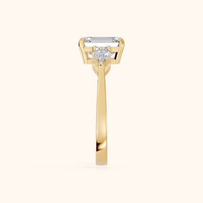 Grace Three Stone Emerald Diamond Engagement Ring in Yellow Gold - SideView