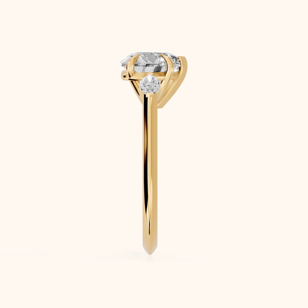 Lyra Three-Stone Heart Diamond Engagement Ring in Yellow Gold - SideView.webp