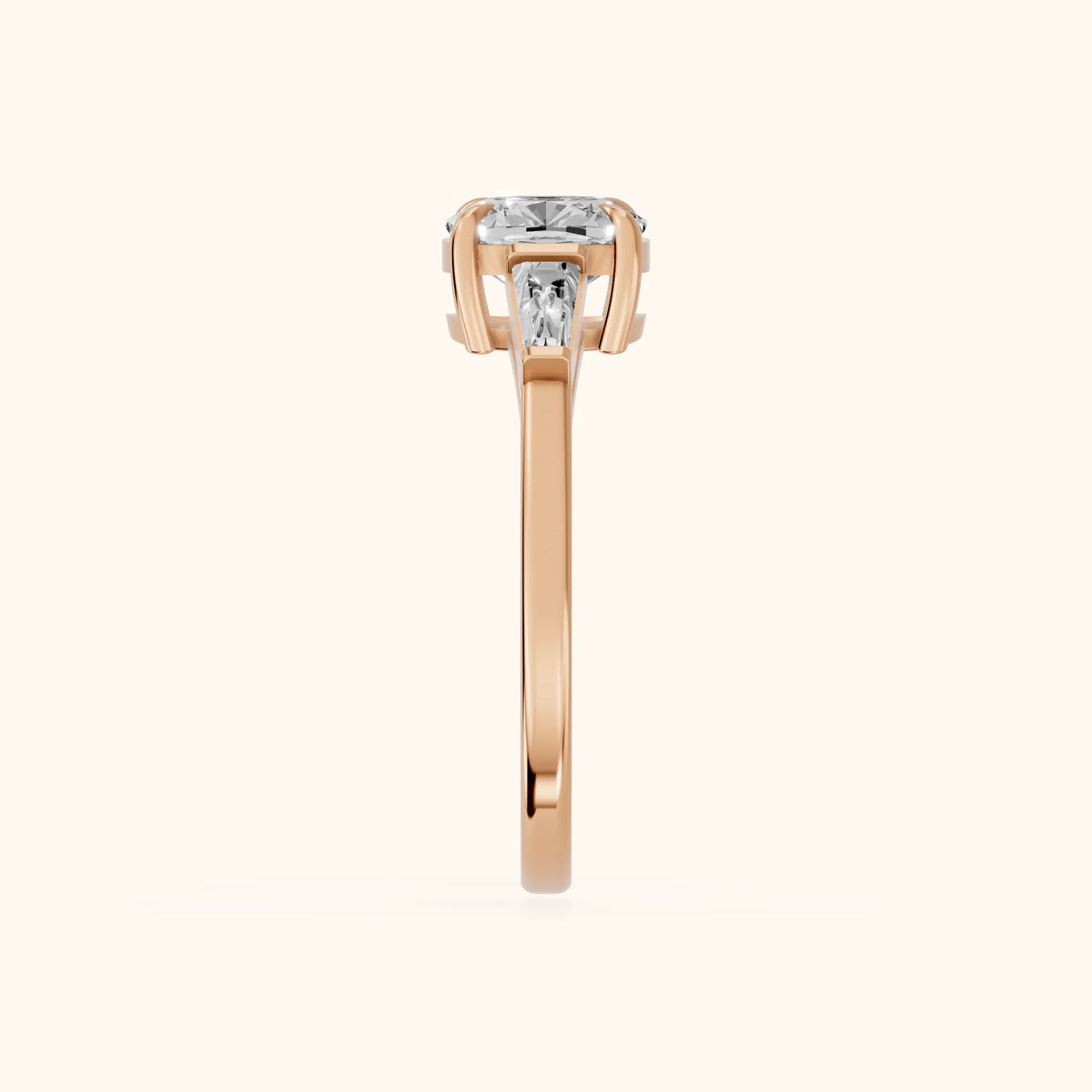 Winnie Three-Stone Cushion Diamond Engagement Ring in Rose Gold - SideView.webp