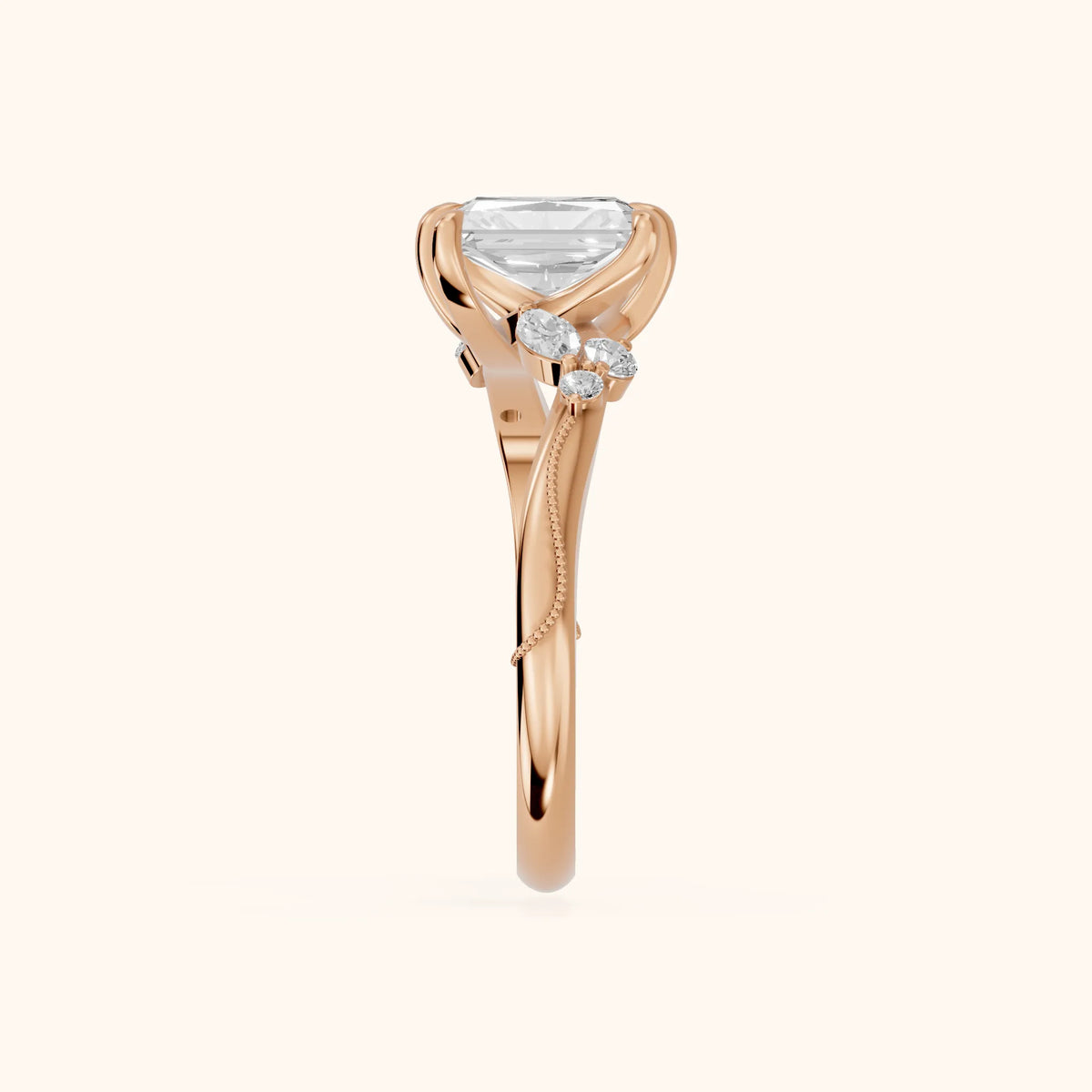 Joanna Milgrain Twist Radiant Diamond Engagement Ring in Rose Gold - SideView.webp