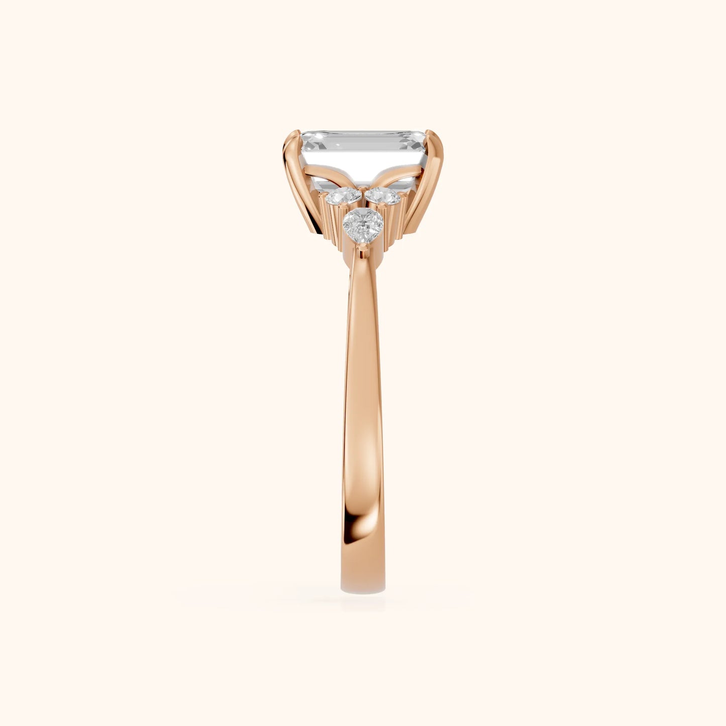 Amelia Three Stone Emerald Diamond Engagement Ring in Rose Gold - SideView