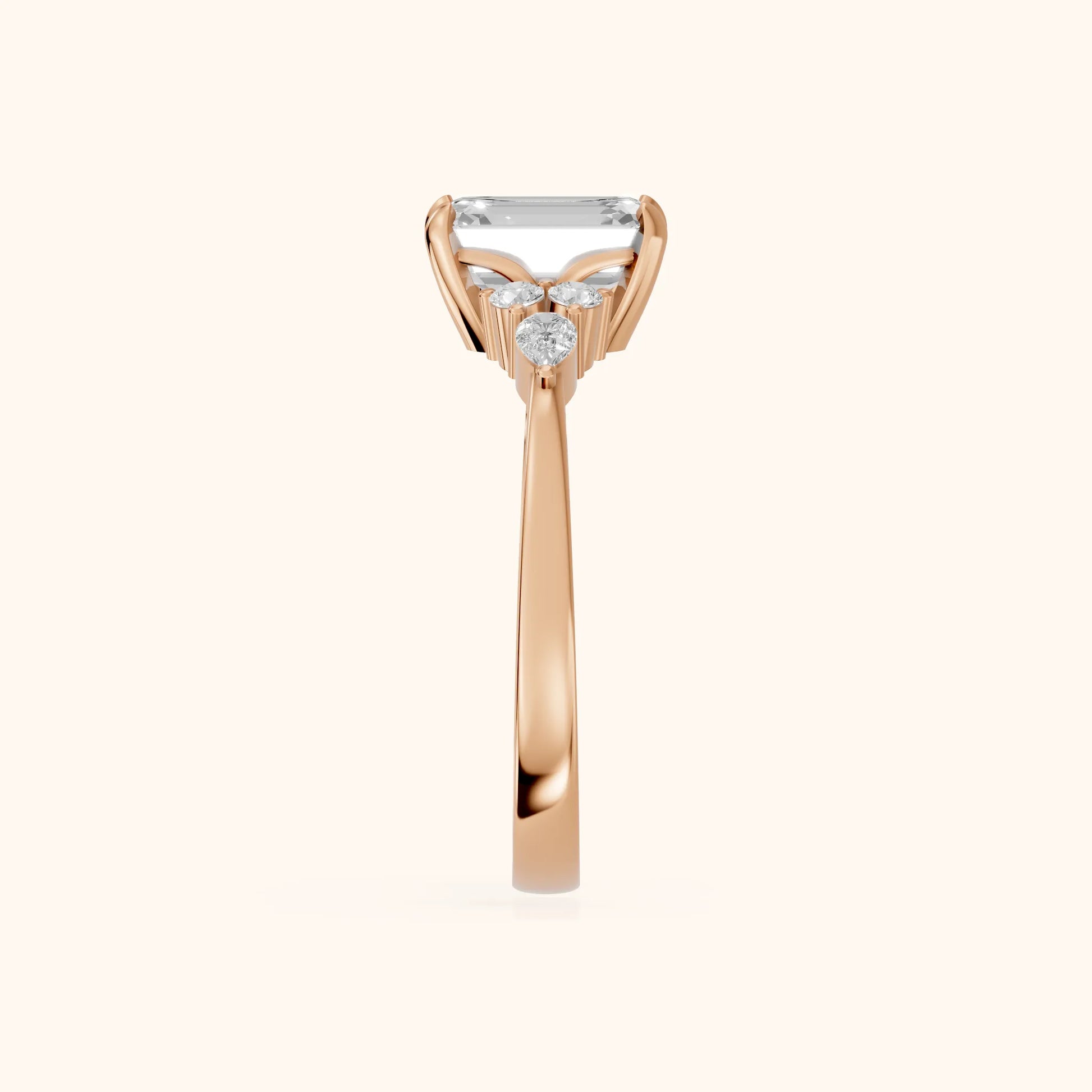 Amelia Three Stone Emerald Diamond Engagement Ring in Rose Gold - SideView