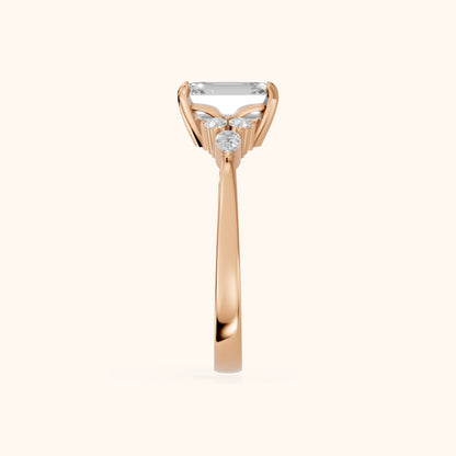 Amelia Three Stone Emerald Diamond Engagement Ring in Rose Gold - SideView