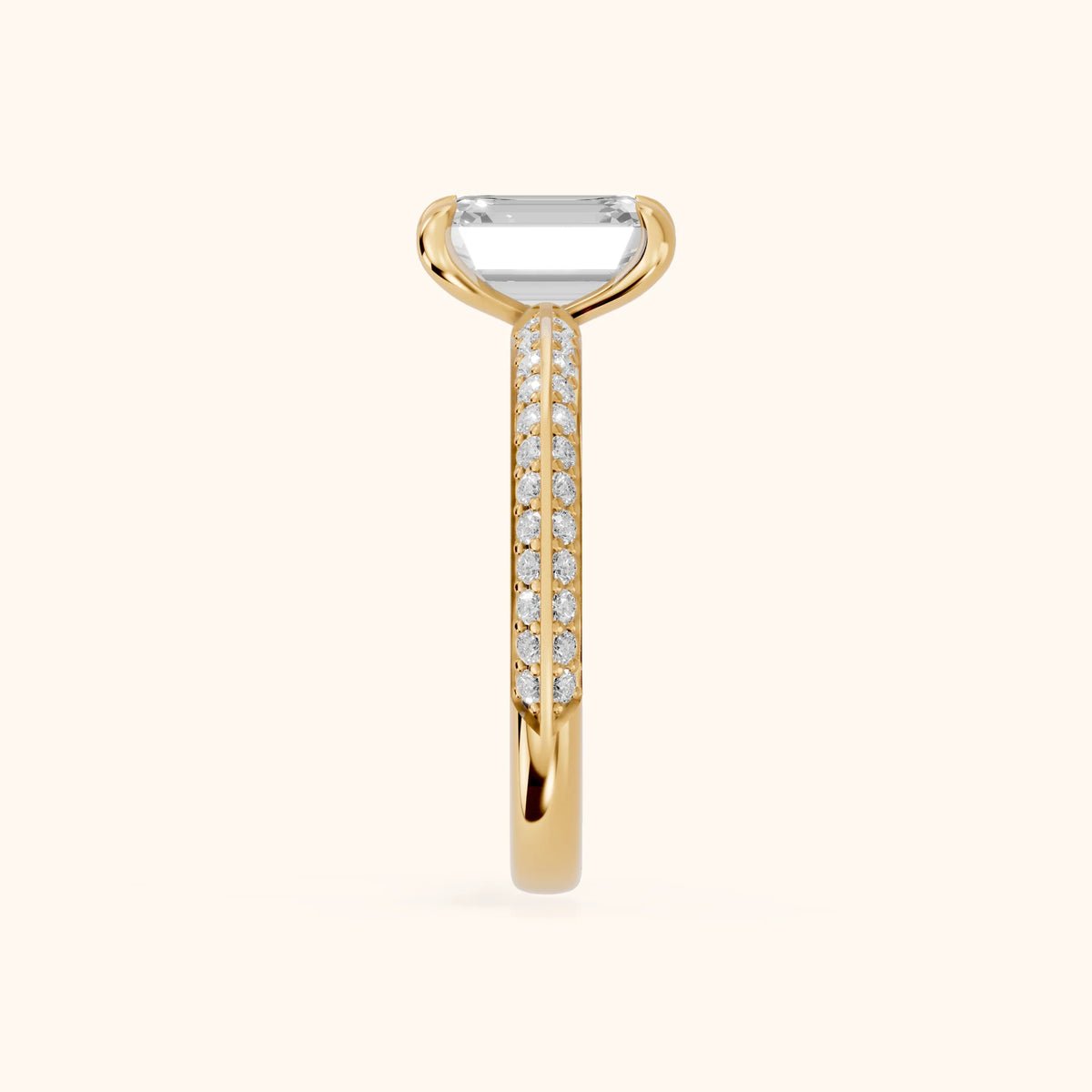 Meredith Knife Edge Pavé Emerald Diamond Engagement Ring in Yellow Gold - SideView.webp