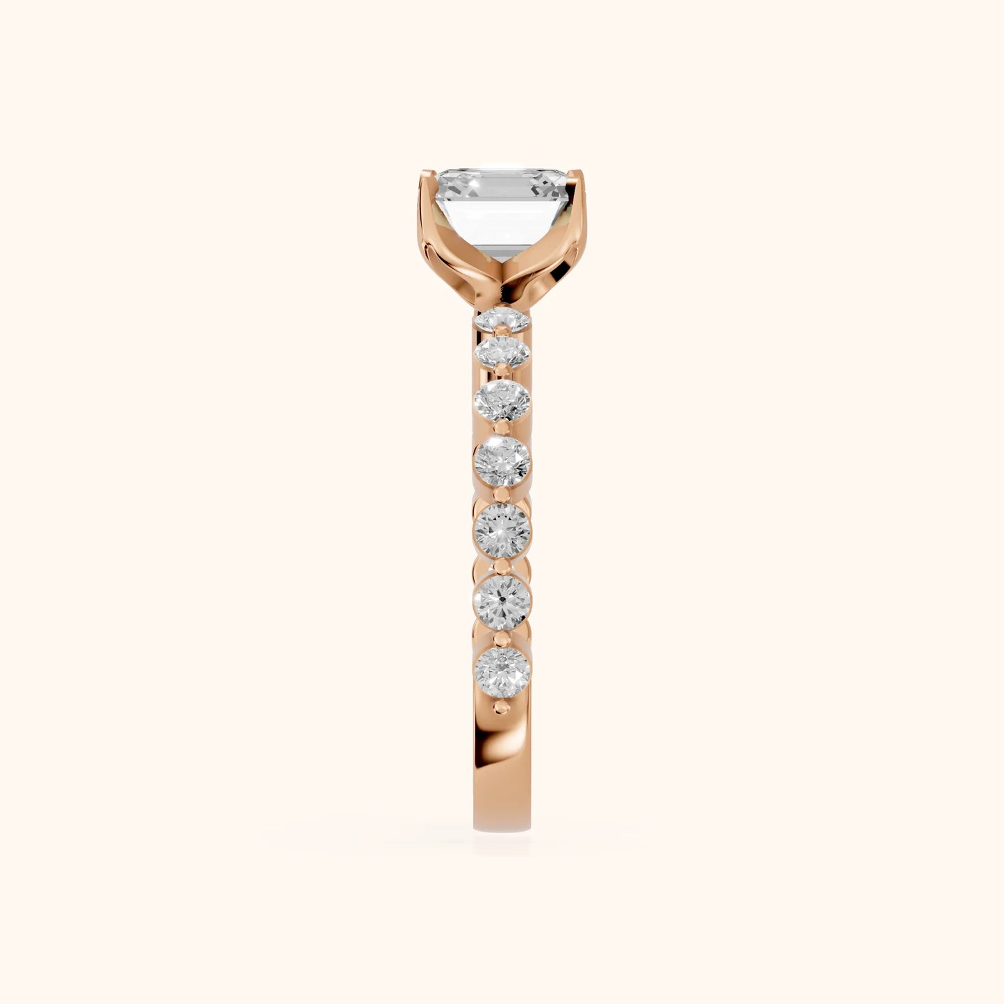 Eleanor Majesty Side Stone Cushion Diamond Engagement Ring in Rose Gold - SideView