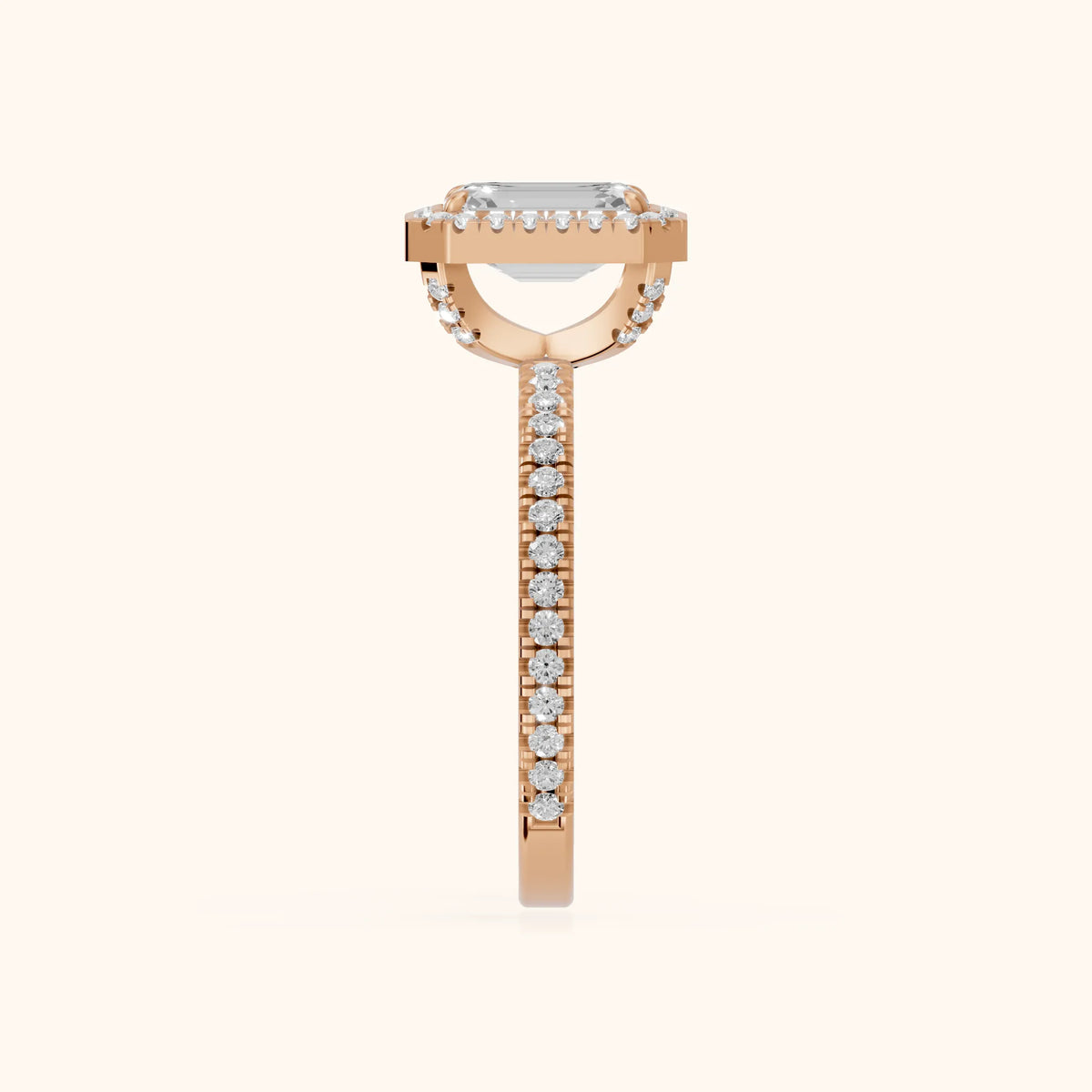 Rosemary Halo Pavé Emerald Diamond Engagement Ring in Rose Gold - SideView.webp