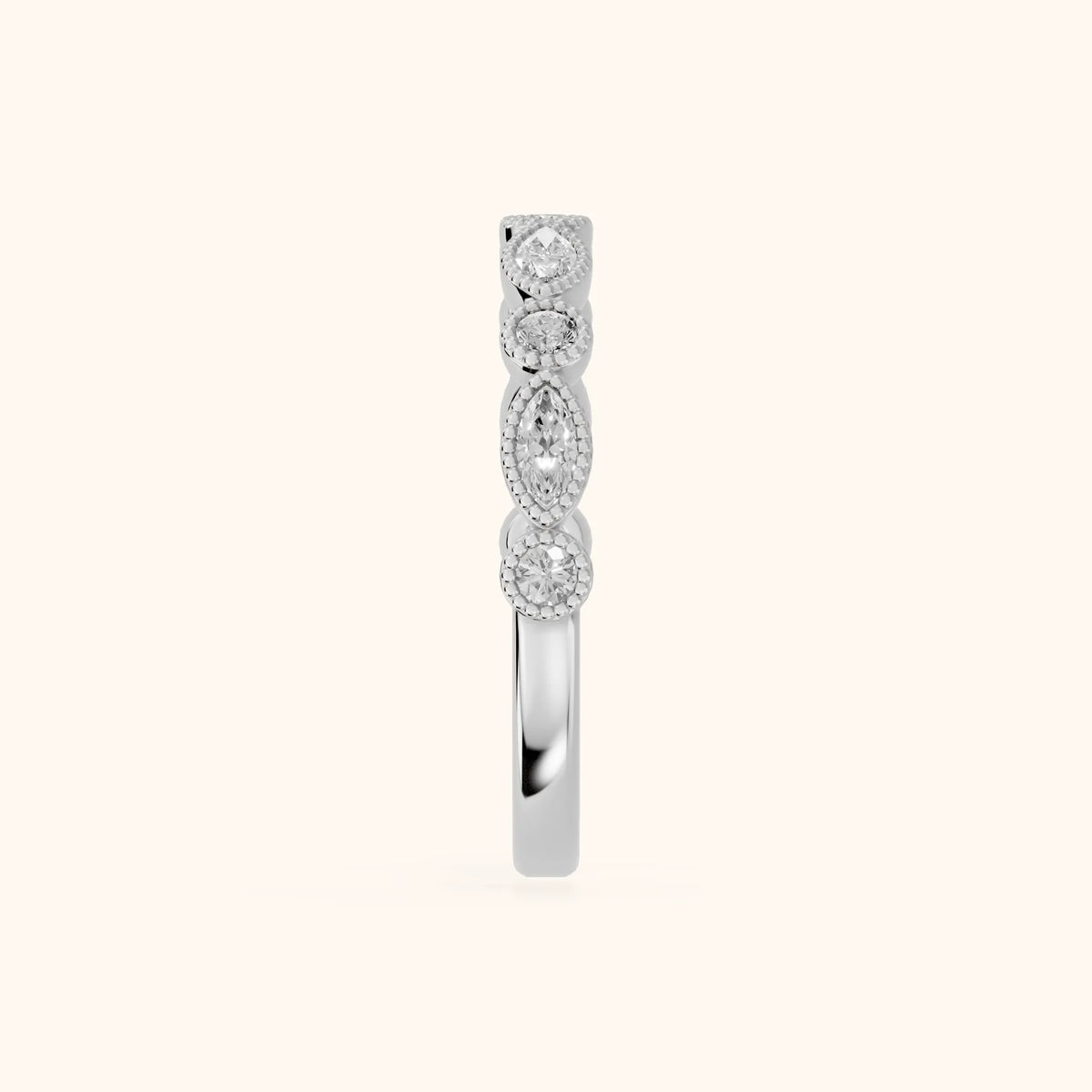 Celina Milgrain Bezel Marquise & Round Diamond Half Eternity Band in White Gold - SideView