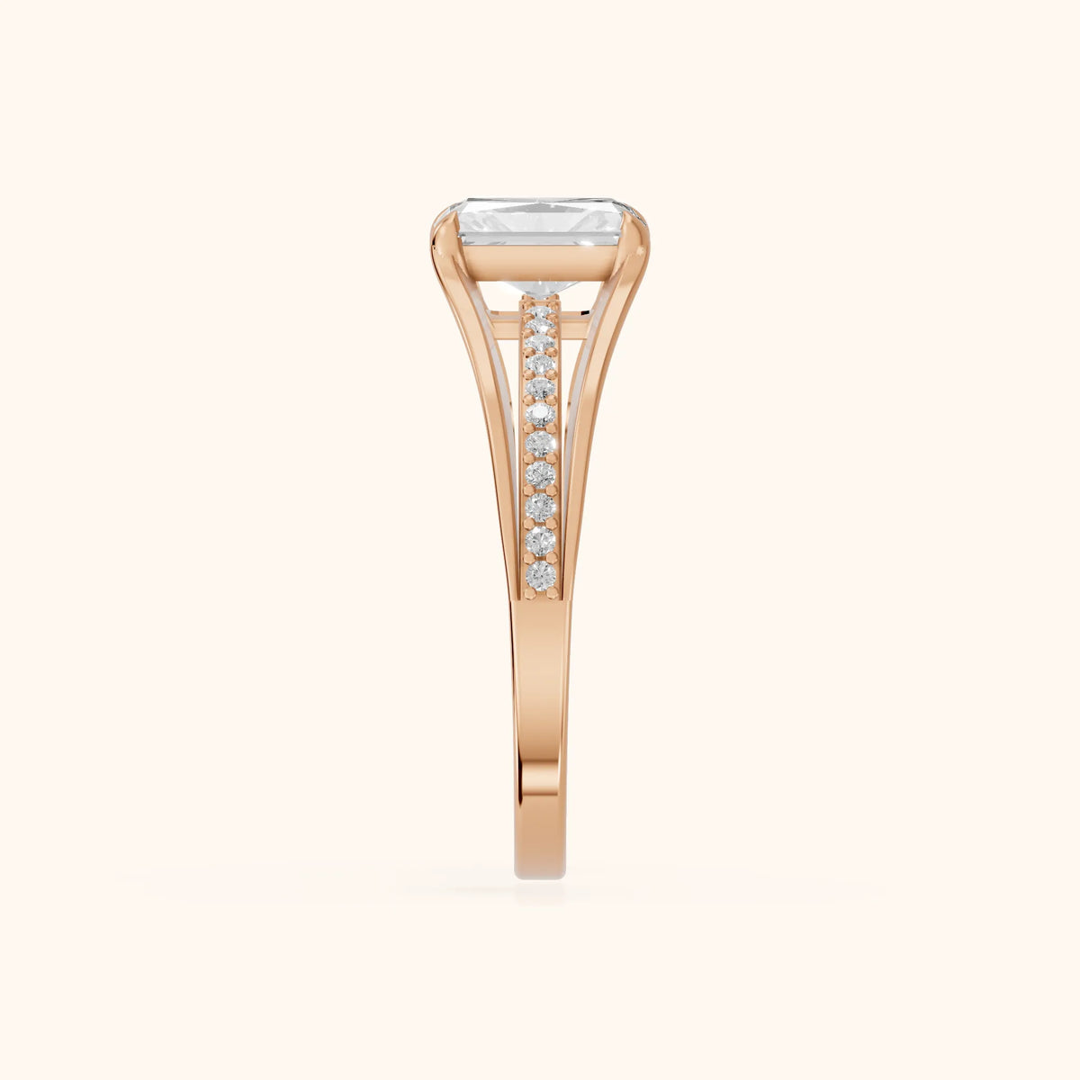 Lucinda Split Shank Radiant Diamond Engagement Ring in Rose Gold - SideView.webp