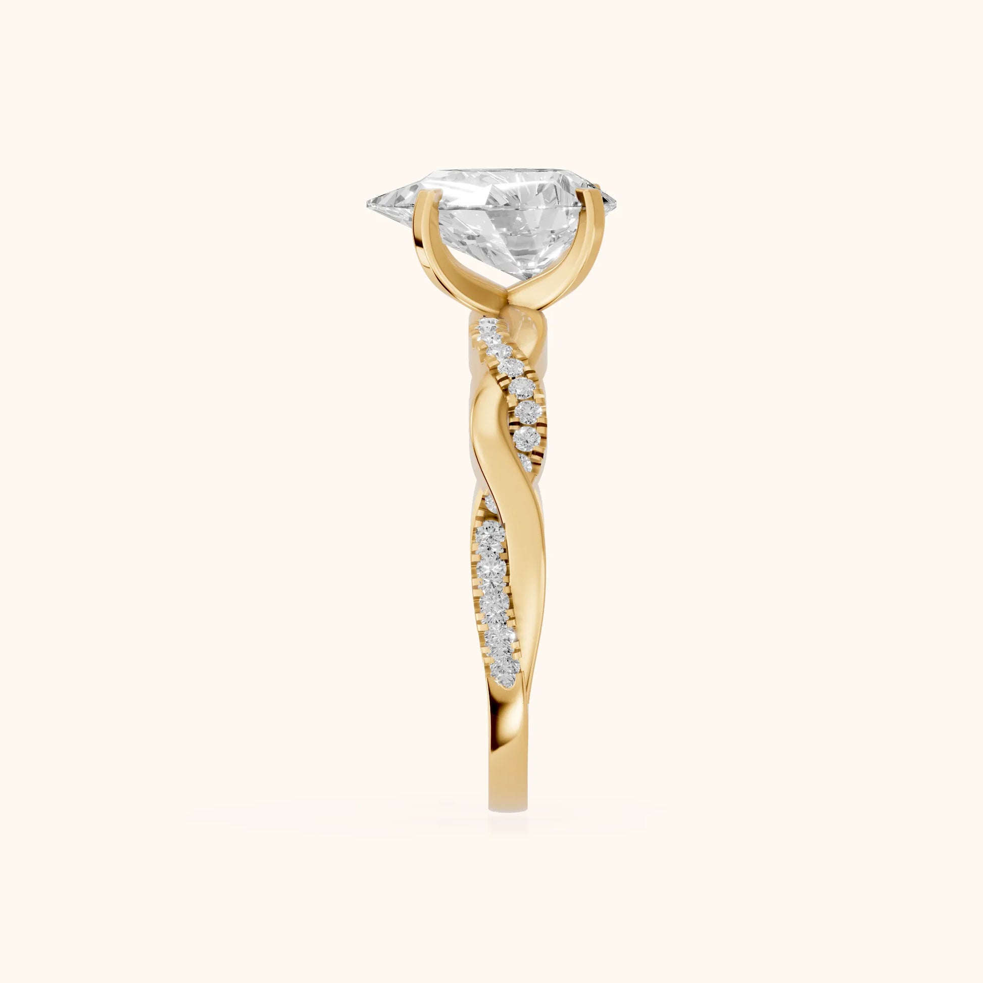 Twisted Side Stone Pear Diamond Engagement Ring in Yellow Gold - SideView