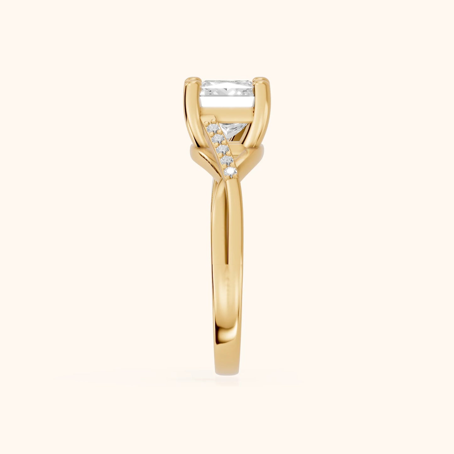 Veronica Twist Side Stone Princess Diamond Engagement Ring in Yellow Gold - SideView