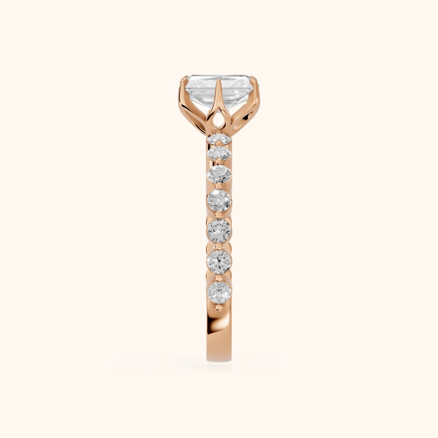 Eleanor Majesty Side Stone Radiant Diamond Engagement Ring in Rose Gold - SideView