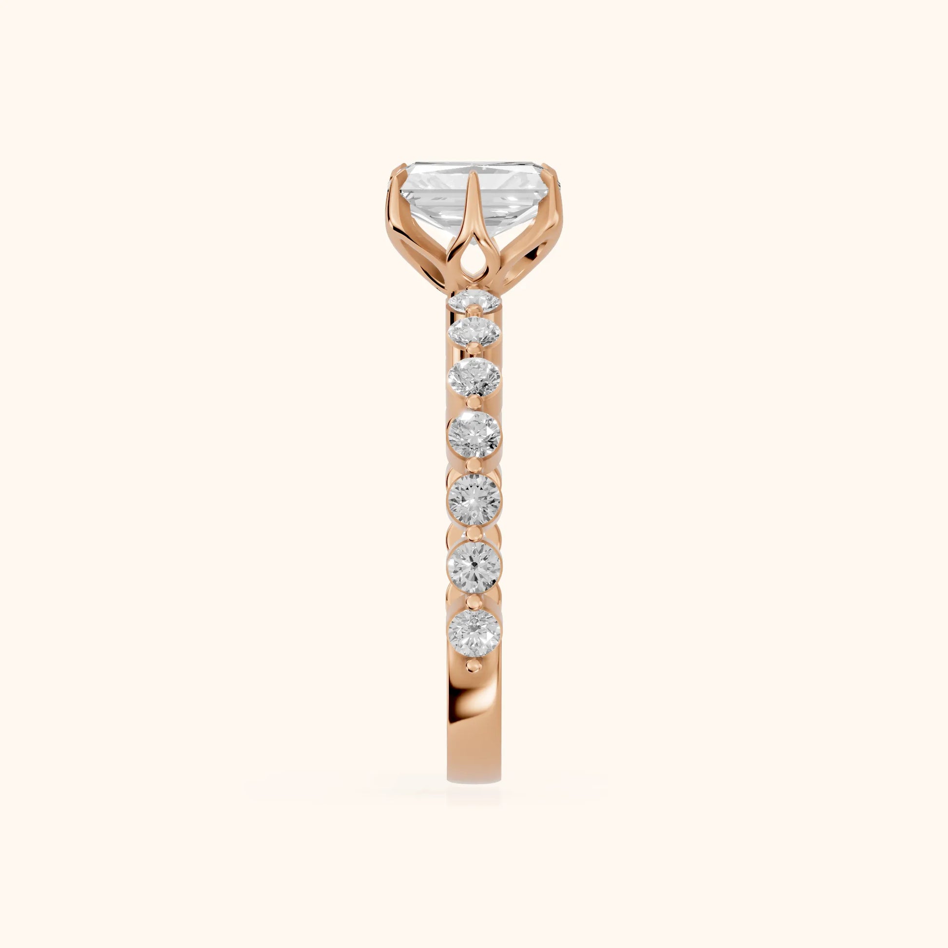 Eleanor Majesty Side Stone Radiant Diamond Engagement Ring in Rose Gold - SideView