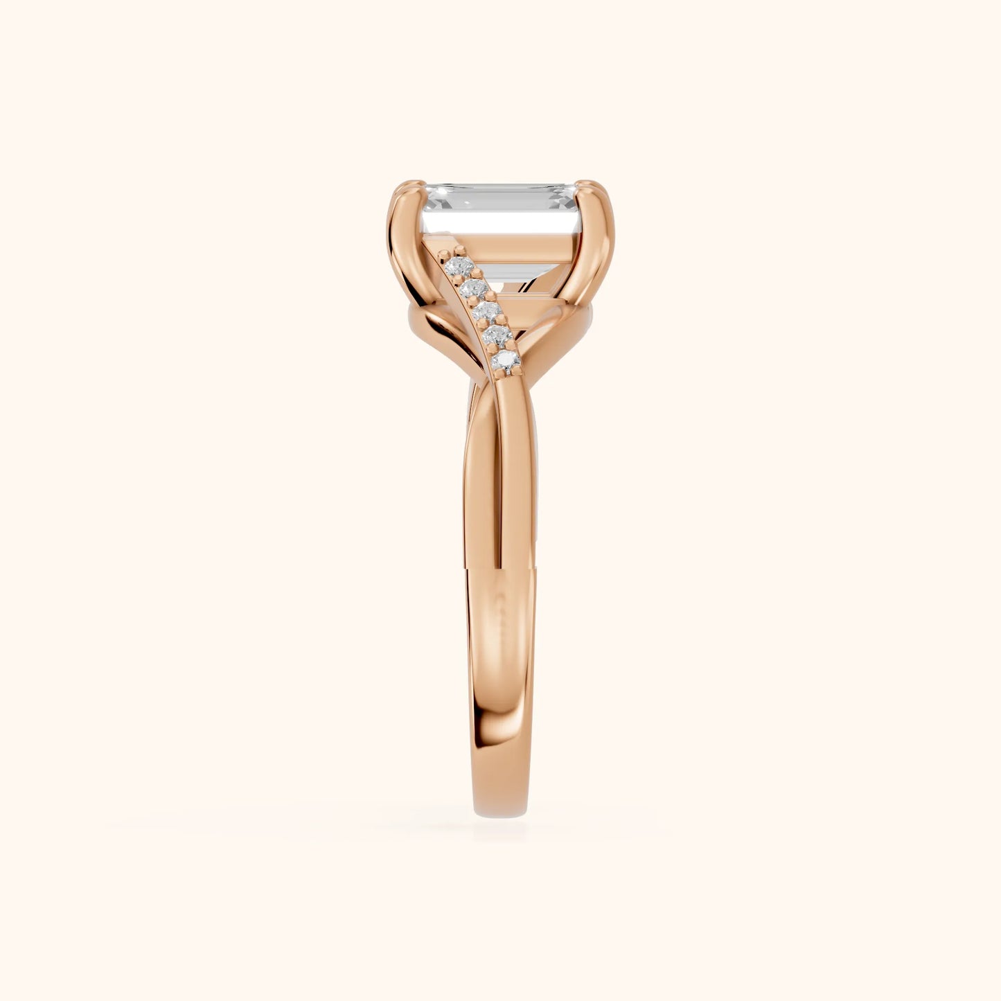 Veronica Twist Side Stone Emerald Diamond Engagement Ring in Rose Gold - SideView