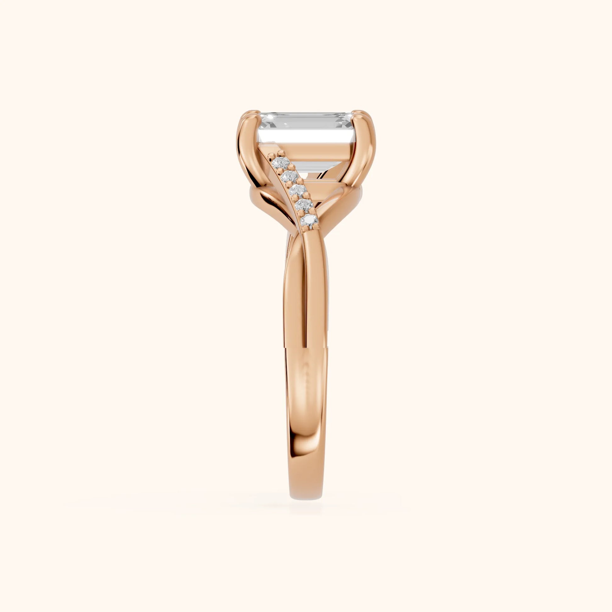 Veronica Twist Side Stone Emerald Diamond Engagement Ring in Rose Gold - SideView