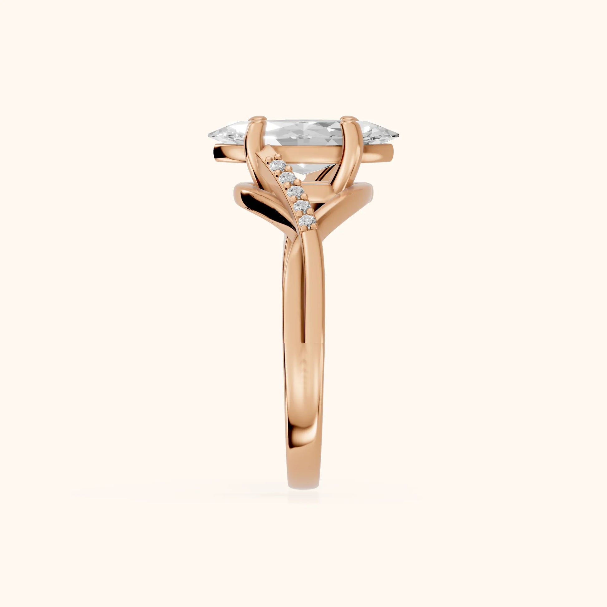 Veronica Twist Side Stone Marquise Diamond Engagement Ring in Rose Gold - SideView